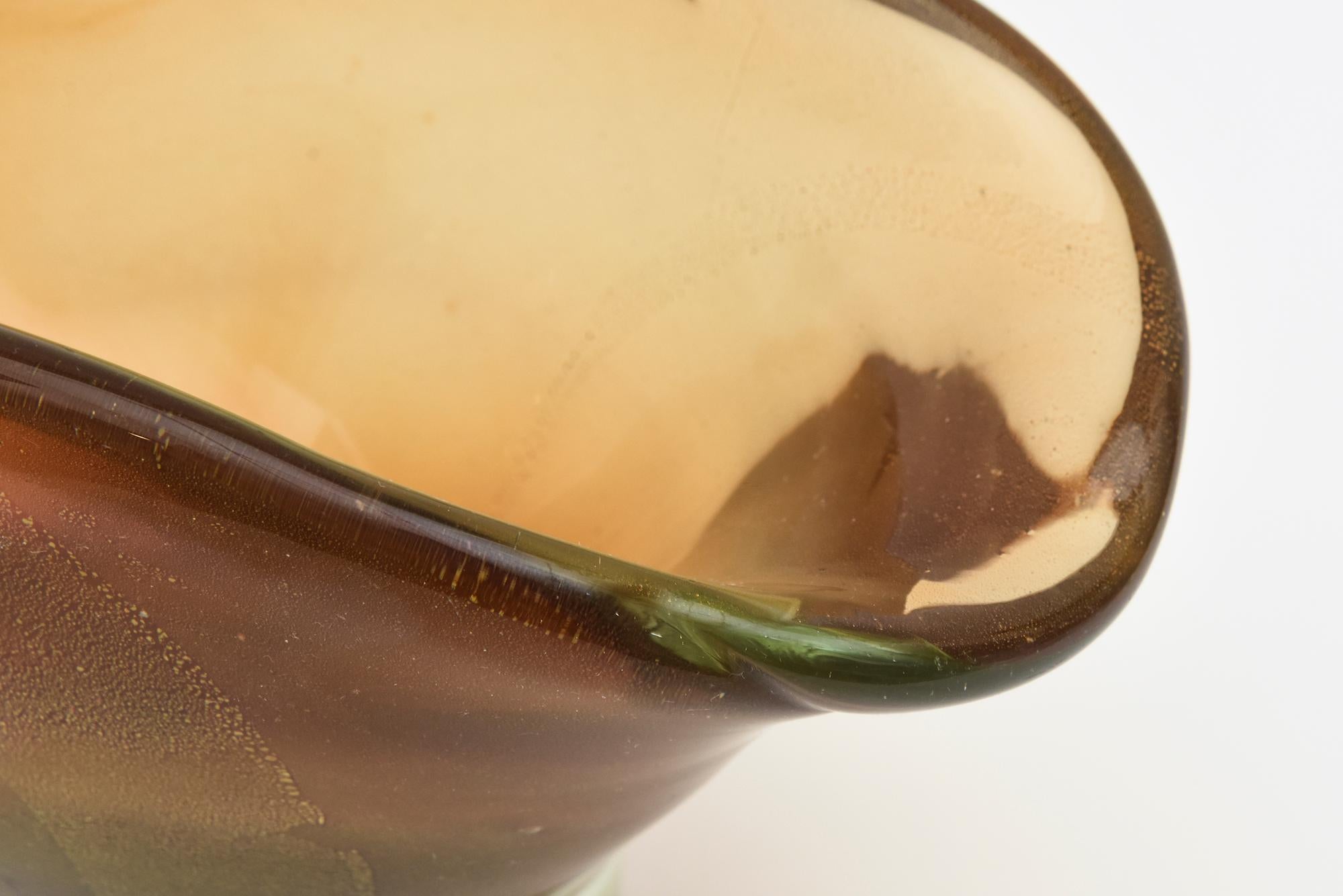 Barovier e Toso Murano-Schale aus dickem Wandglas in Bernsteingrün und Gold mit Aventuringrün und Goldverzierung im Angebot 2
