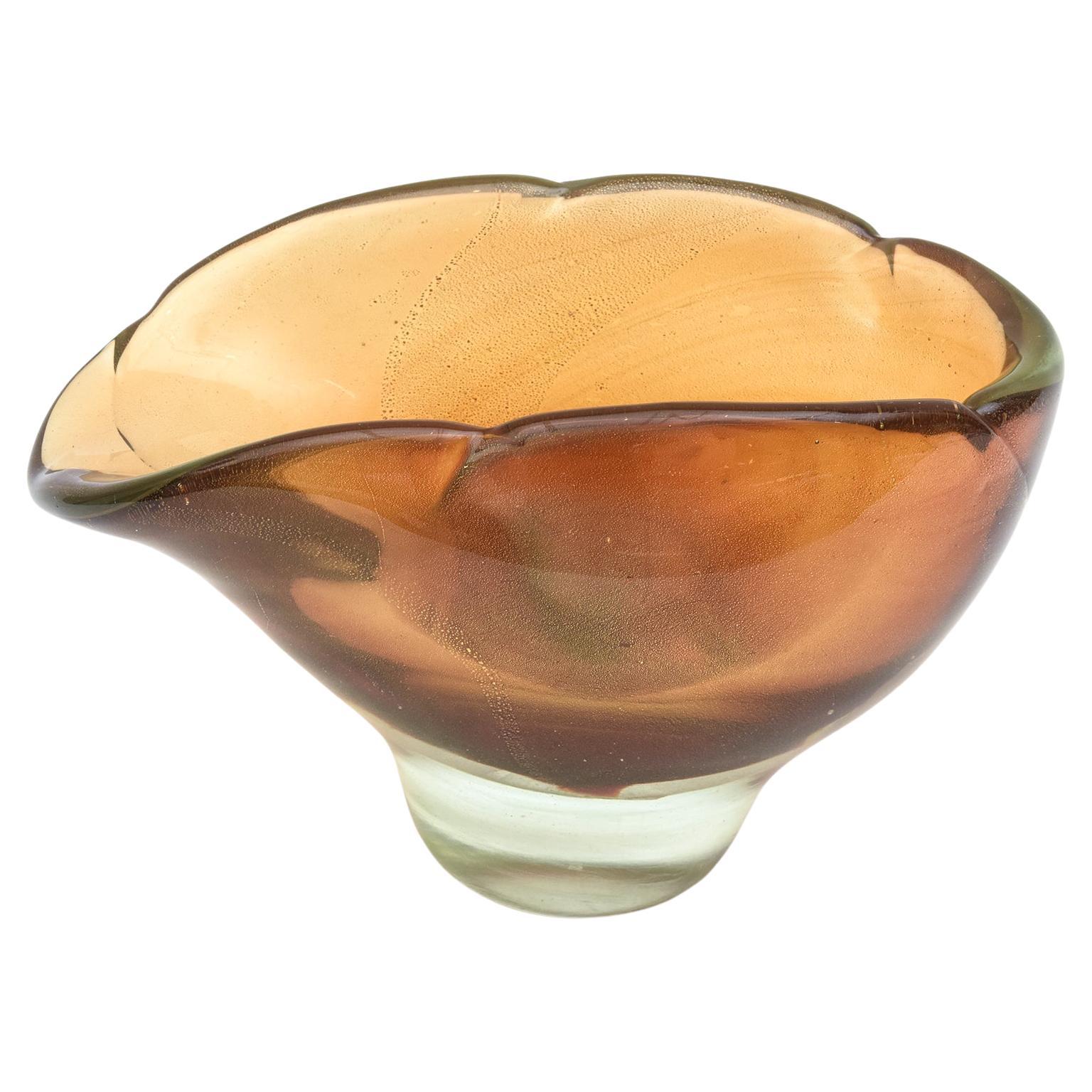 Barovier e Toso Murano Thick Walled Amber Green and Gold Aventurine Glass Bowl For Sale