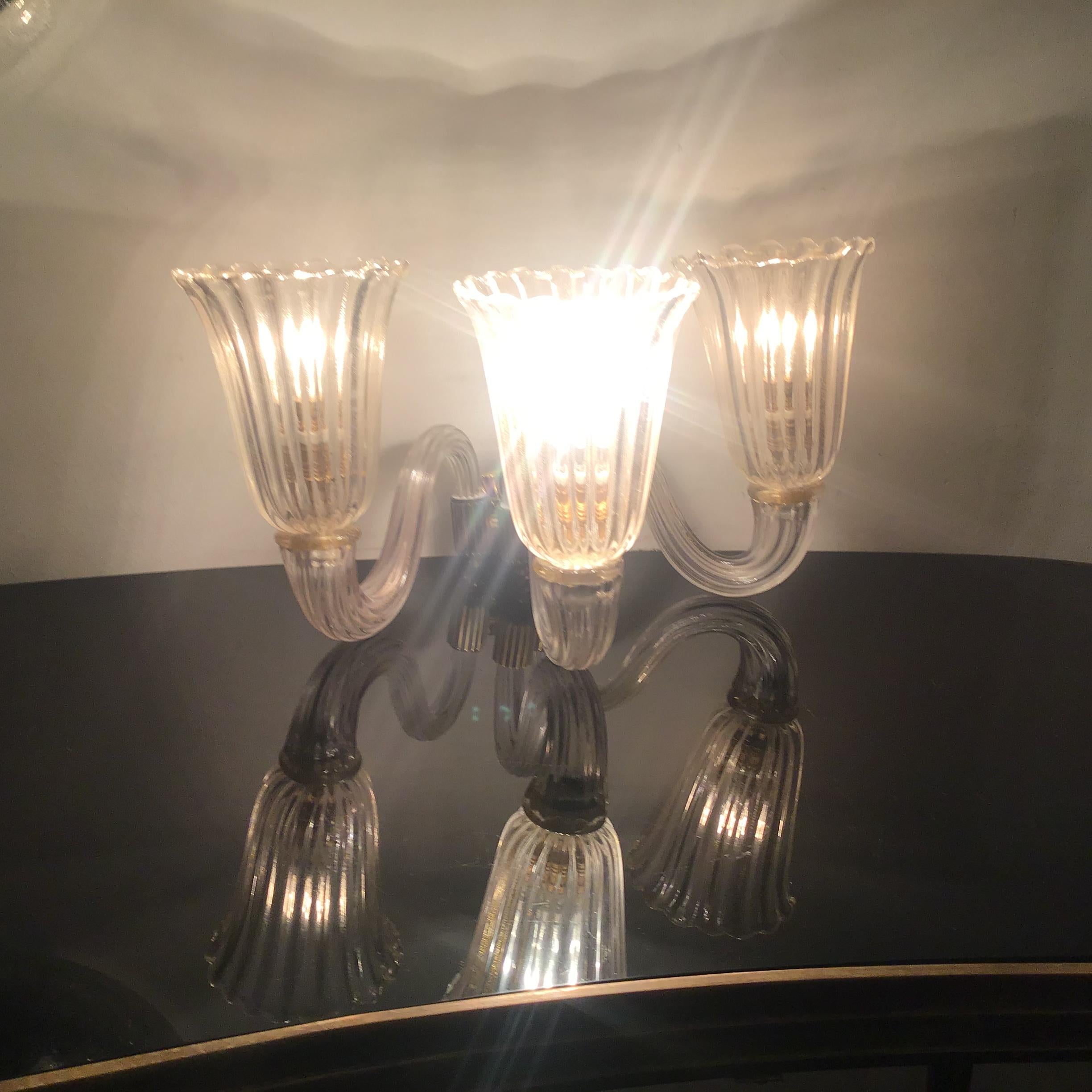 Barovier e Toso Sconces Brass Murano Glass 1940 Italy For Sale 7