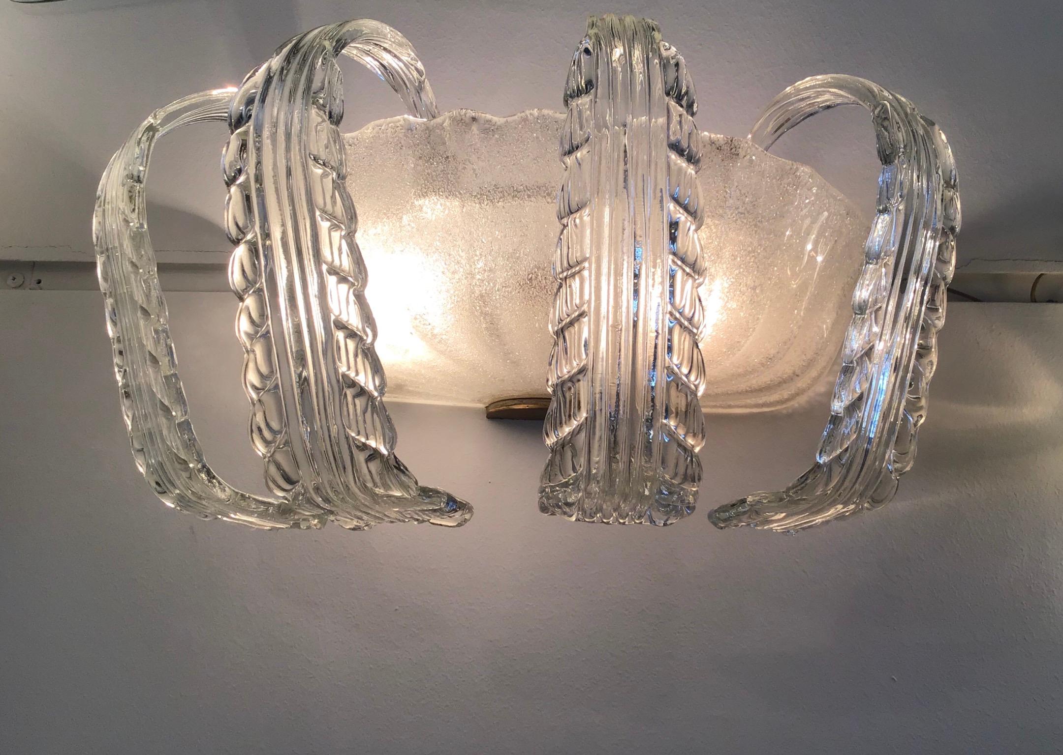 Mid-20th Century Barovier e Toso Sconces Murano Glass Brass, 1940, Italy For Sale