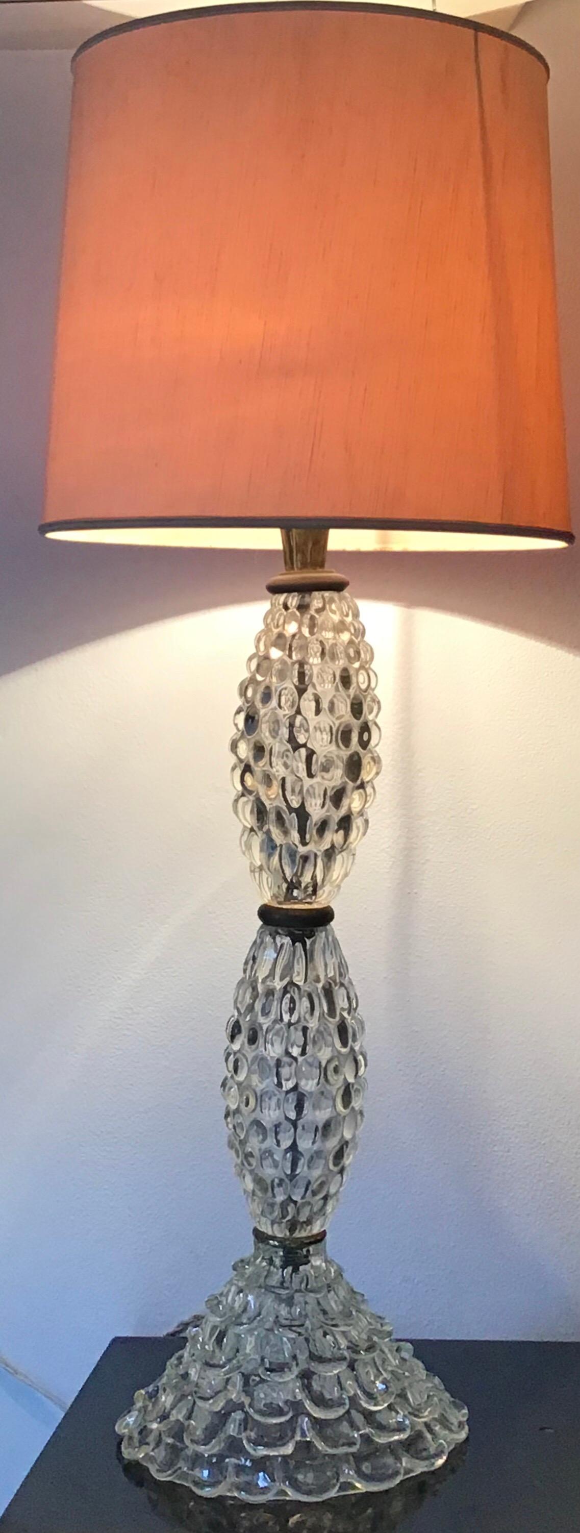 Other Barovier & Toso Table Lamp Murano Glass Brass Fabric Lampshade, 1940, Italy For Sale