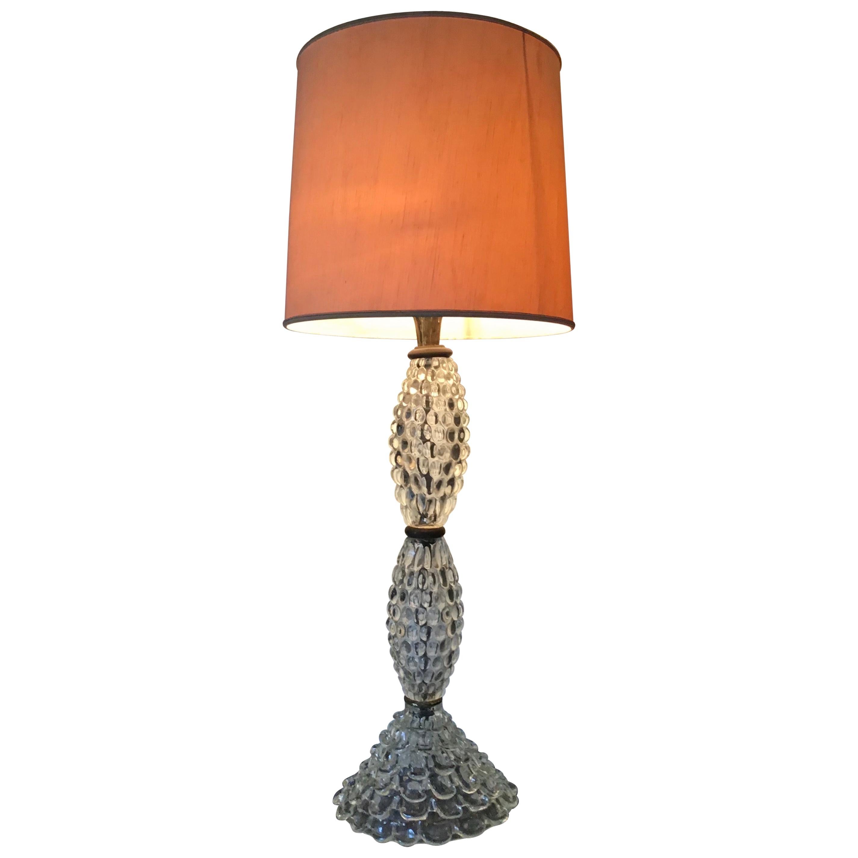 Barovier & Toso Table Lamp Murano Glass Brass Fabric Lampshade, 1940, Italy For Sale