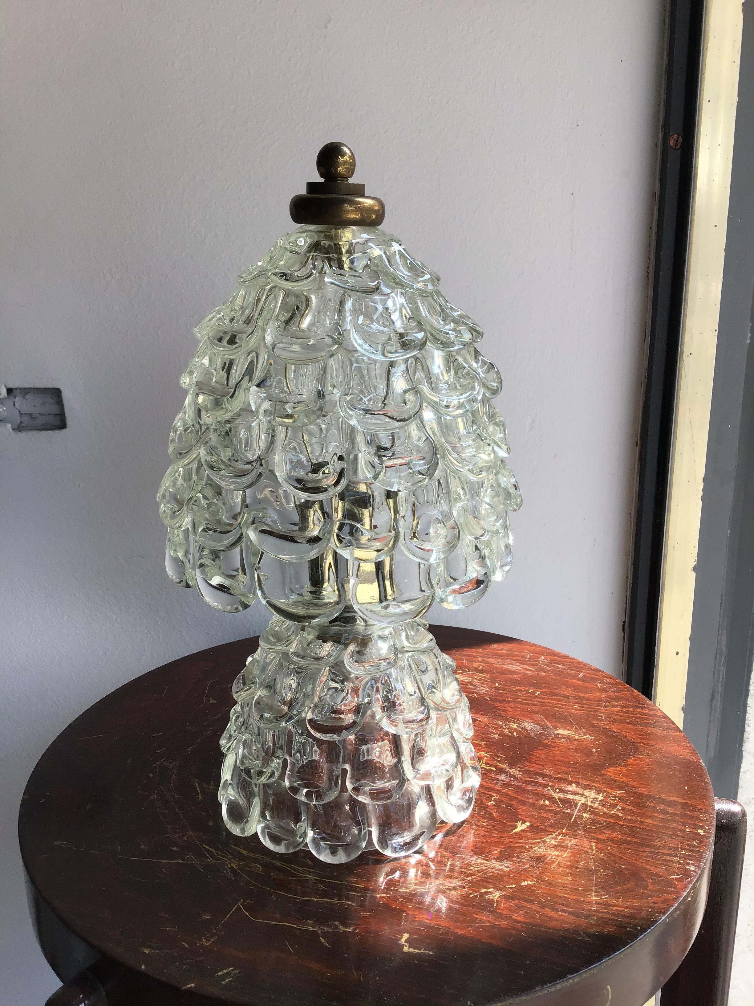 Mid-20th Century Barovier e Toso Table Lamp “Orecchiette” Murano Glass Brass, 1940, Italy