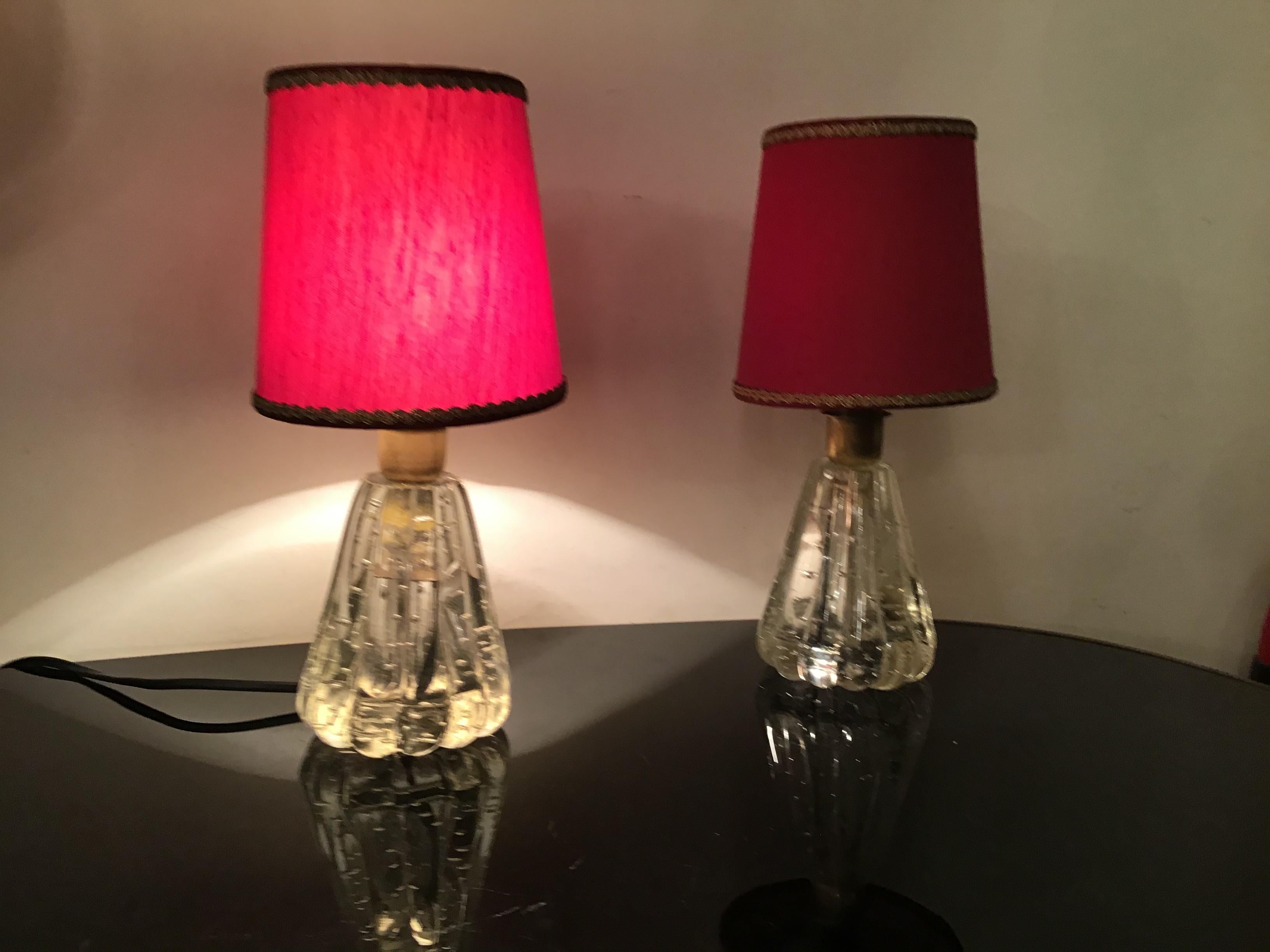 Barovier e Toso Table Lamps Murano Glass Brass Fabric Lampshade 1940 Italy For Sale 4