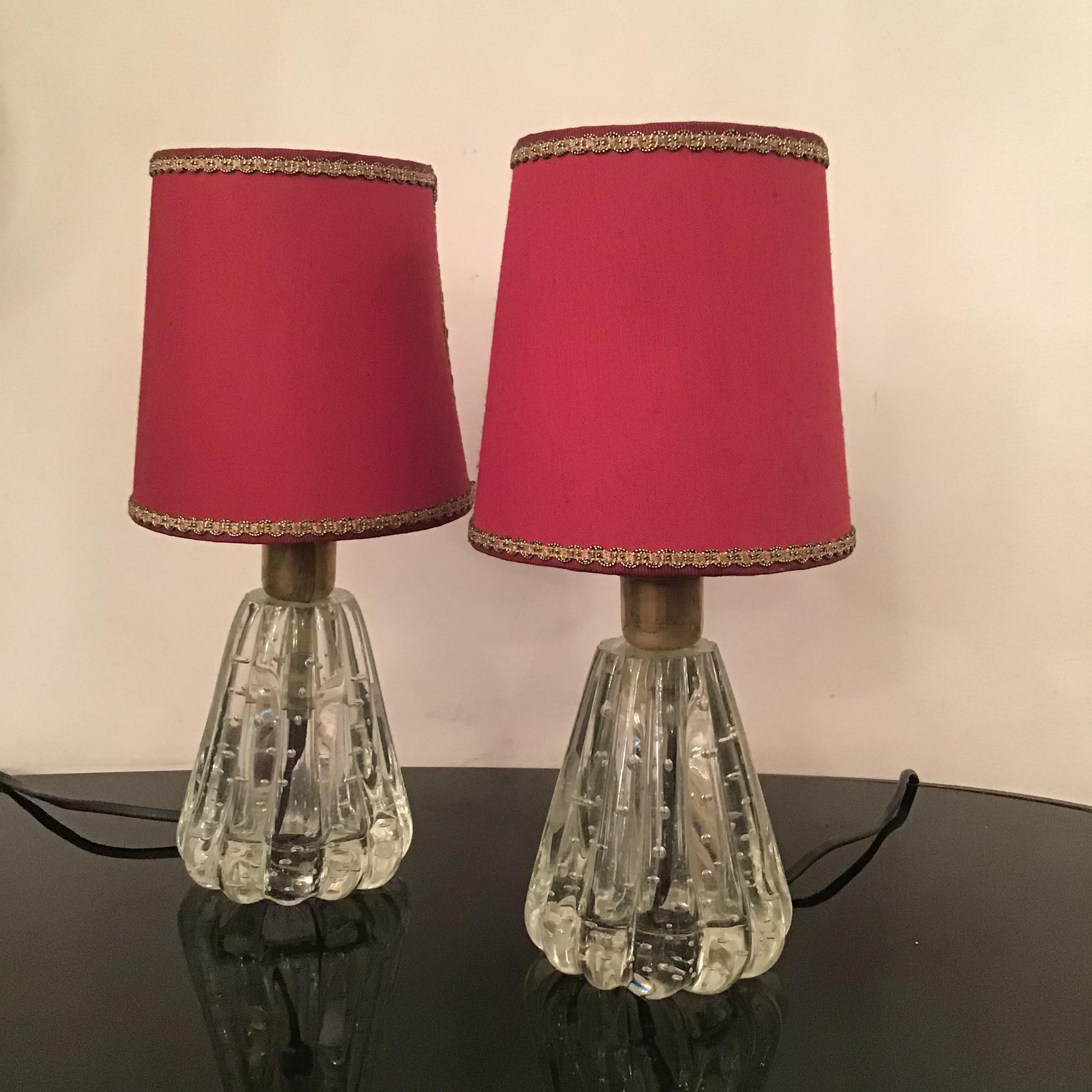 Barovier e Toso Table Lamps Murano Glass Brass Fabric Lampshade 1940 Italy For Sale 6