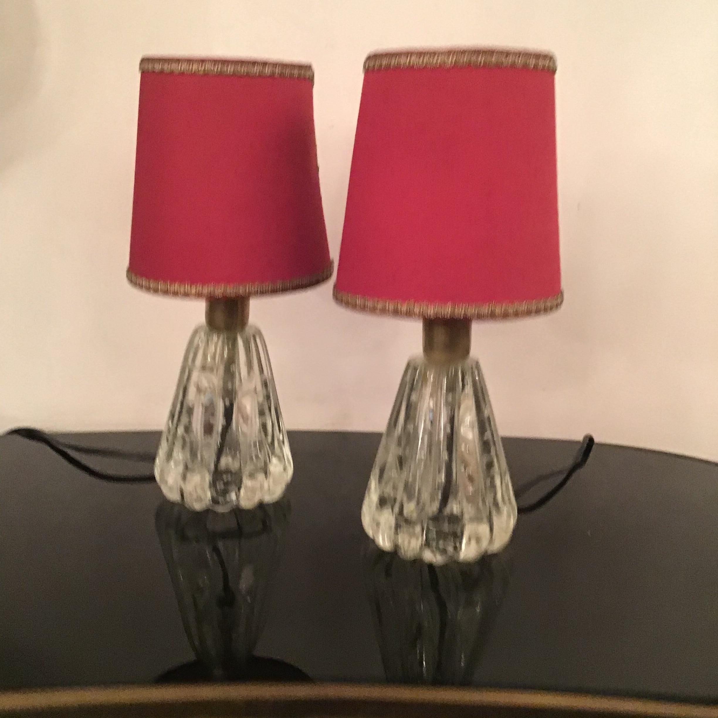 Barovier e Toso Table Lamps Murano Glass Brass Fabric Lampshade 1940 Italy For Sale 8