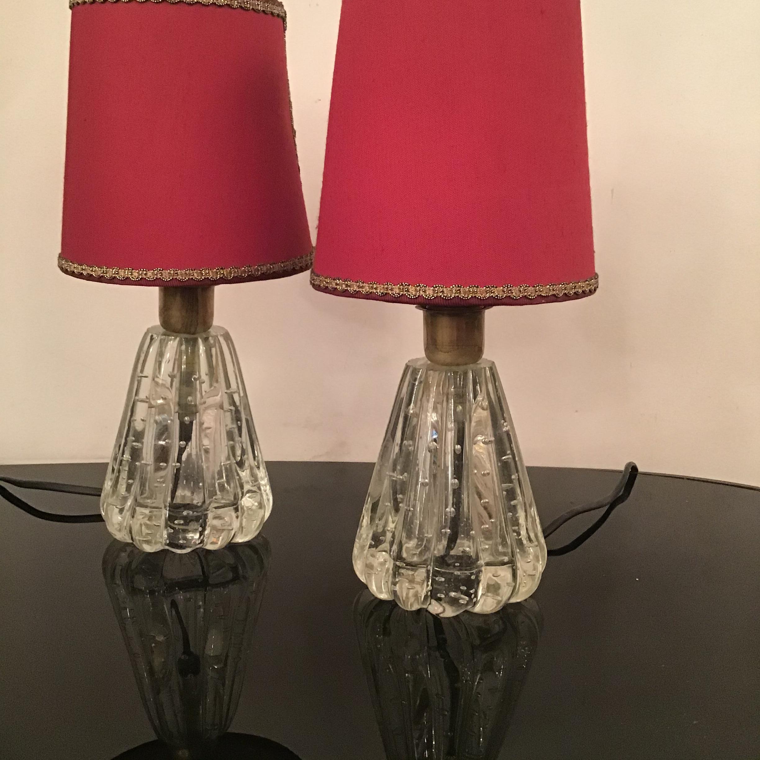 Barovier e Toso Table Lamps Murano Glass Brass Fabric Lampshade 1940 Italy For Sale 9