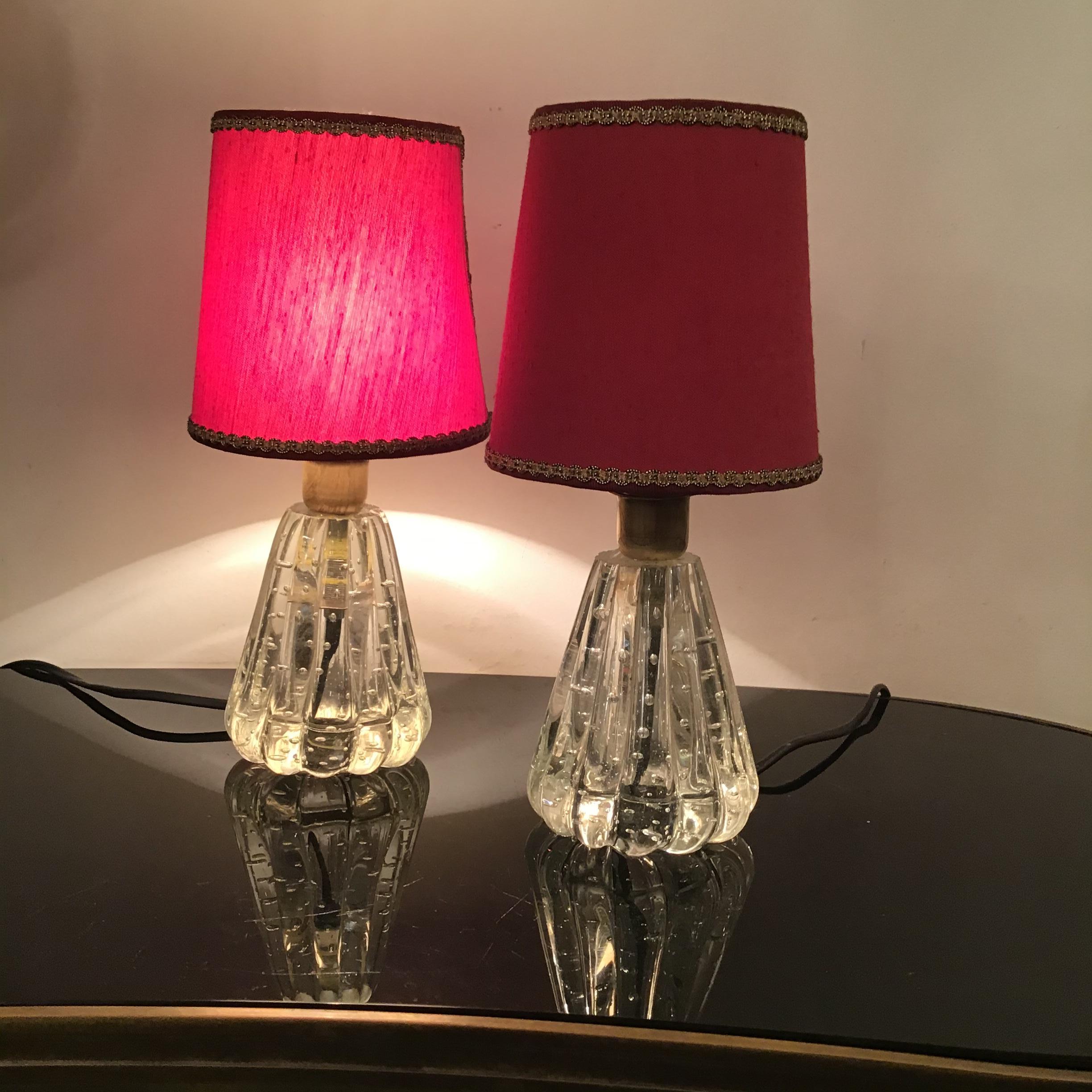 Barovier e Toso, Tischlampen aus Muranoglas und Messing, Lampenschirm aus Stoff, 1940, Italien (Sonstiges) im Angebot