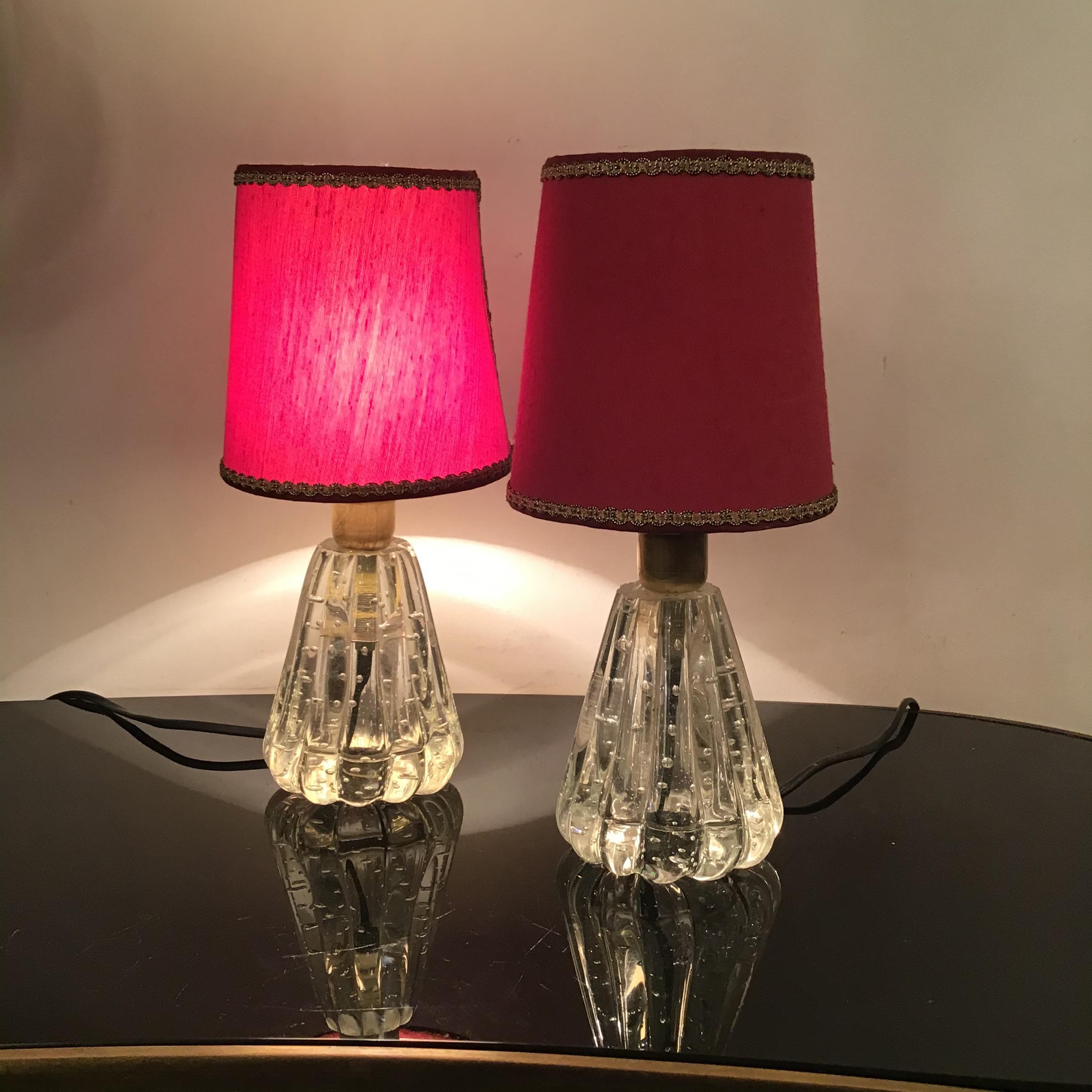 Barovier e Toso Table Lamps Murano Glass Brass Fabric Lampshade 1940 Italy In Excellent Condition For Sale In Milano, IT