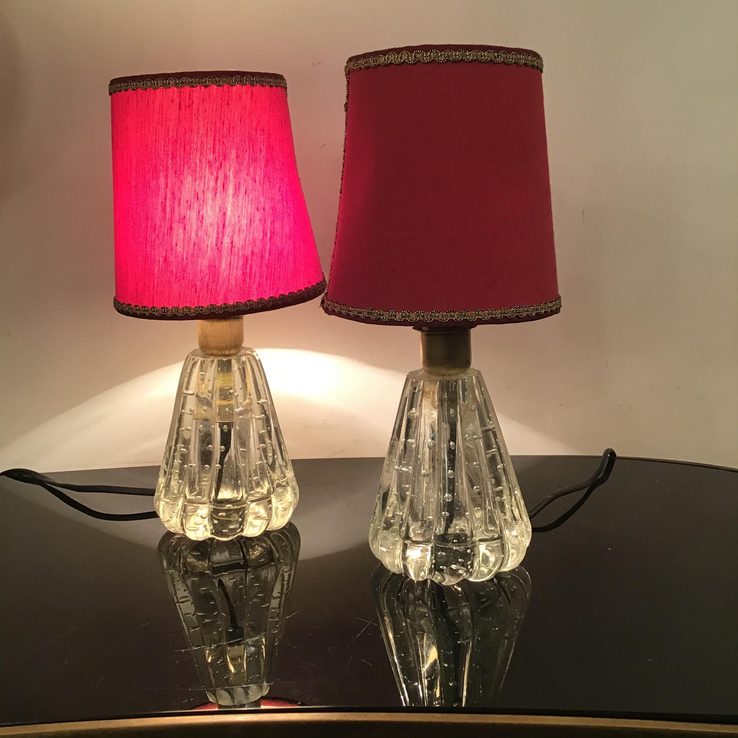 Milieu du XXe siècle Barovier & Toso - Lampes de bureau en verre de Murano avec abat-jour en tissu et laiton - 1940 - Italie en vente