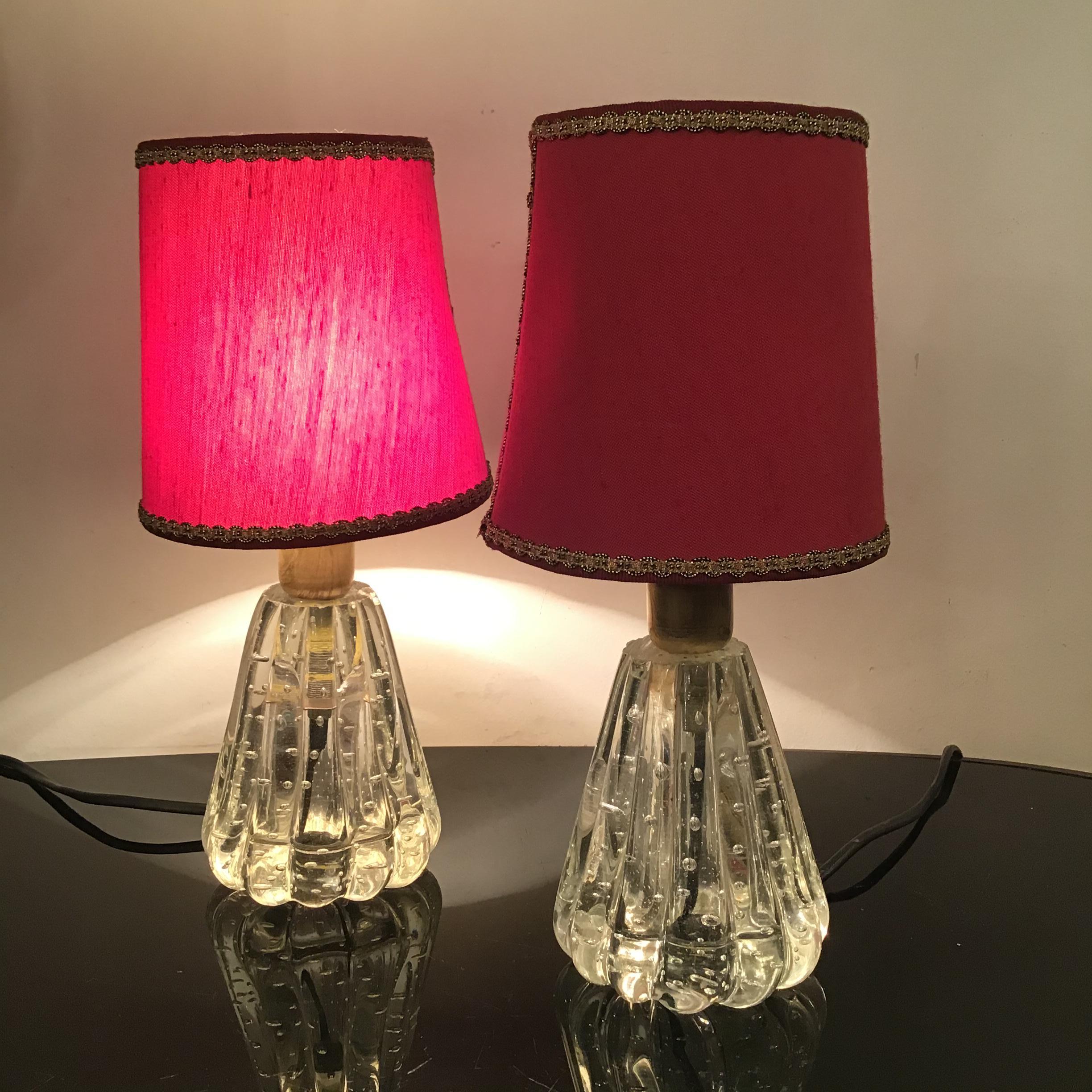 Barovier e Toso Table Lamps Murano Glass Brass Fabric Lampshade 1940 Italy For Sale 2