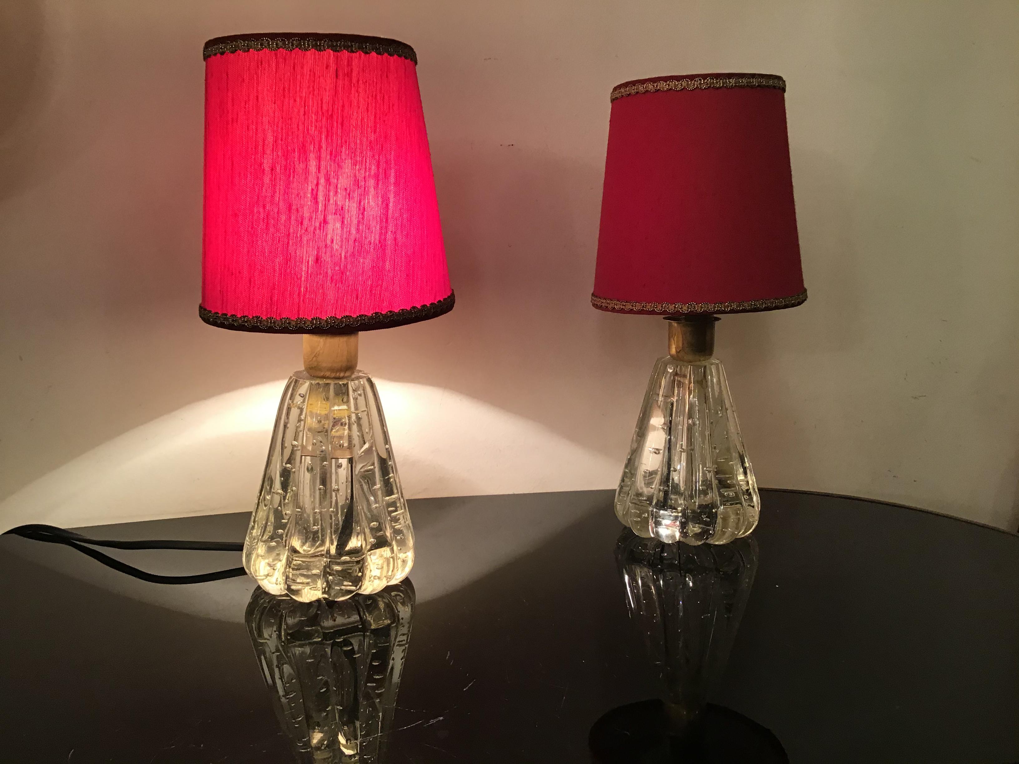 Barovier e Toso Table Lamps Murano Glass Brass Fabric Lampshade 1940 Italy For Sale 3