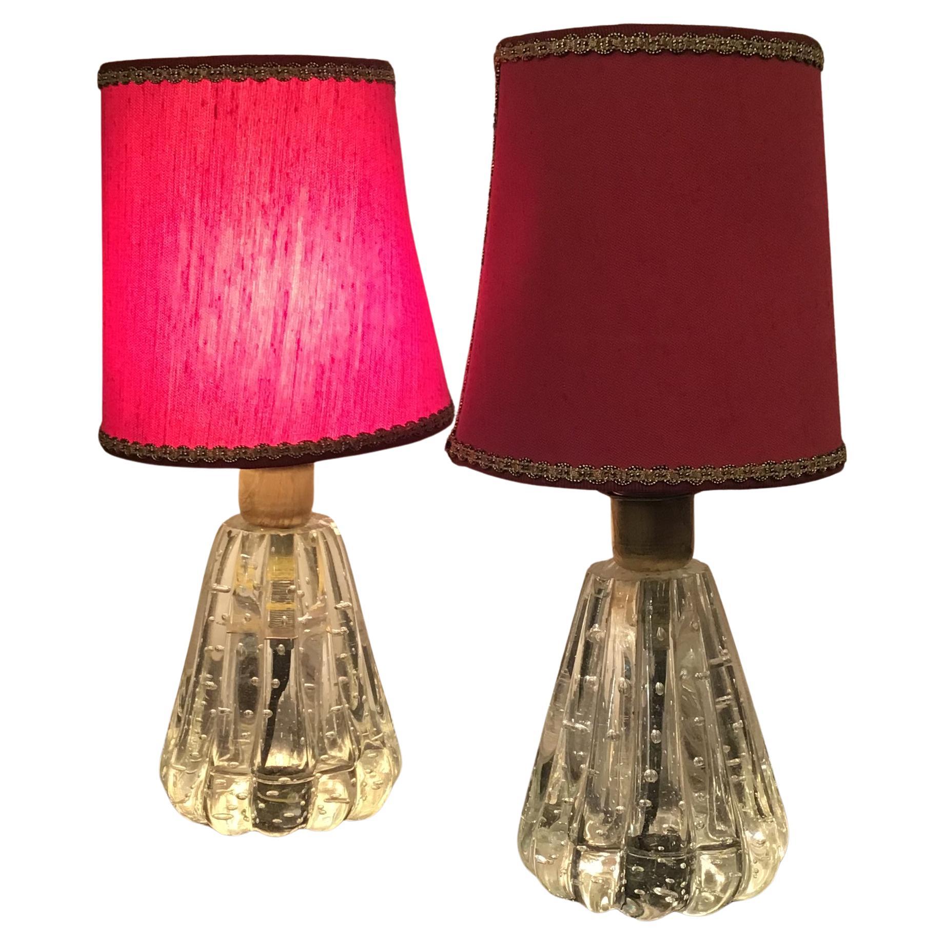 Barovier e Toso Table Lamps Murano Glass Brass Fabric Lampshade 1940 Italy For Sale