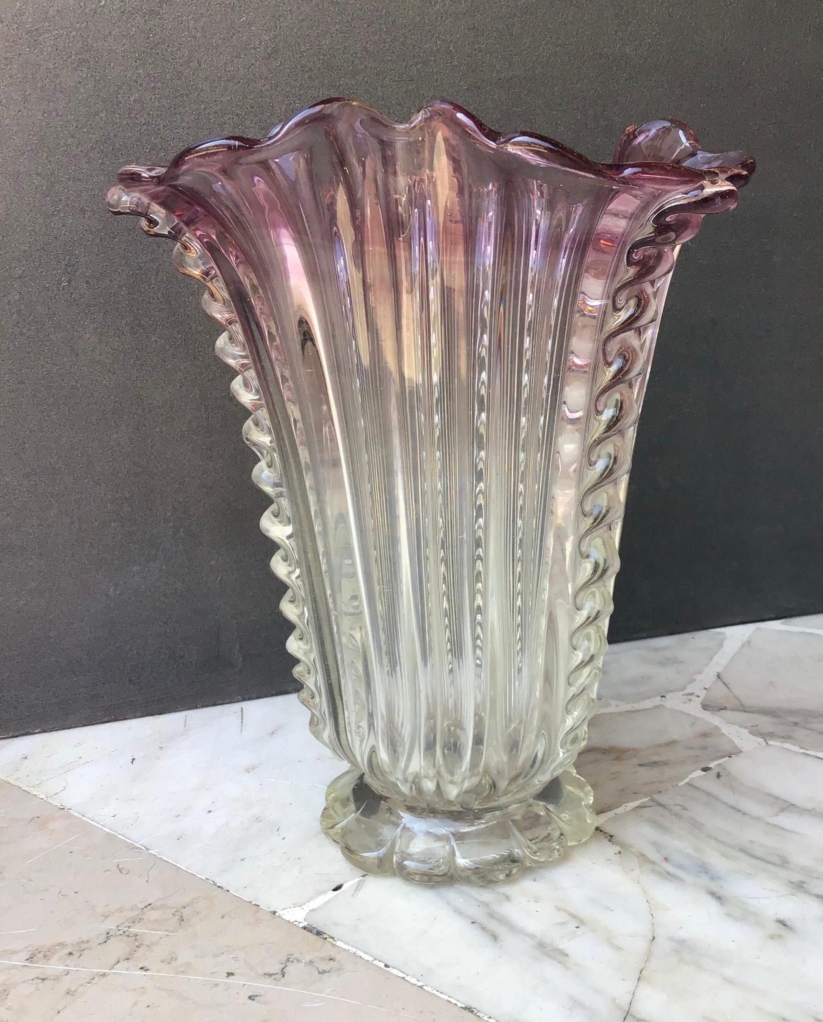 Milieu du XXe siècle Barovier e Toso Vase Murano Glass 1940 Italie en vente