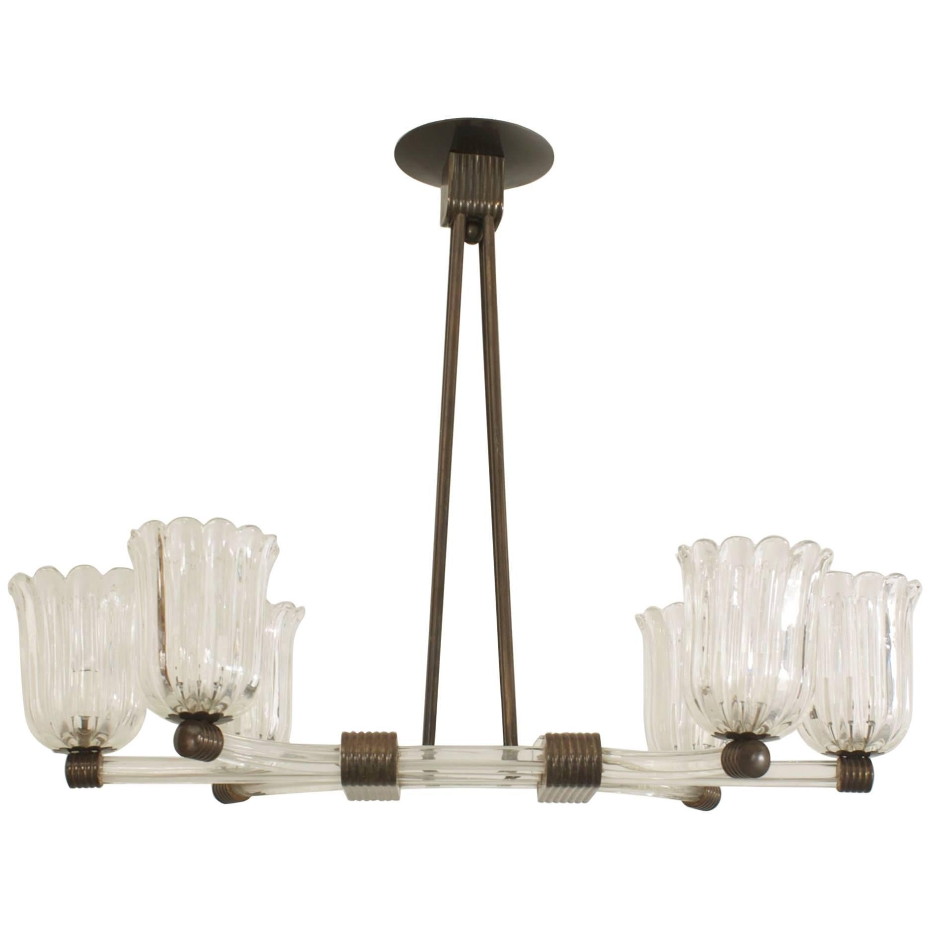 Barovier et Toso Italian Mid-Century Murano Glass and Bronze Chandelier