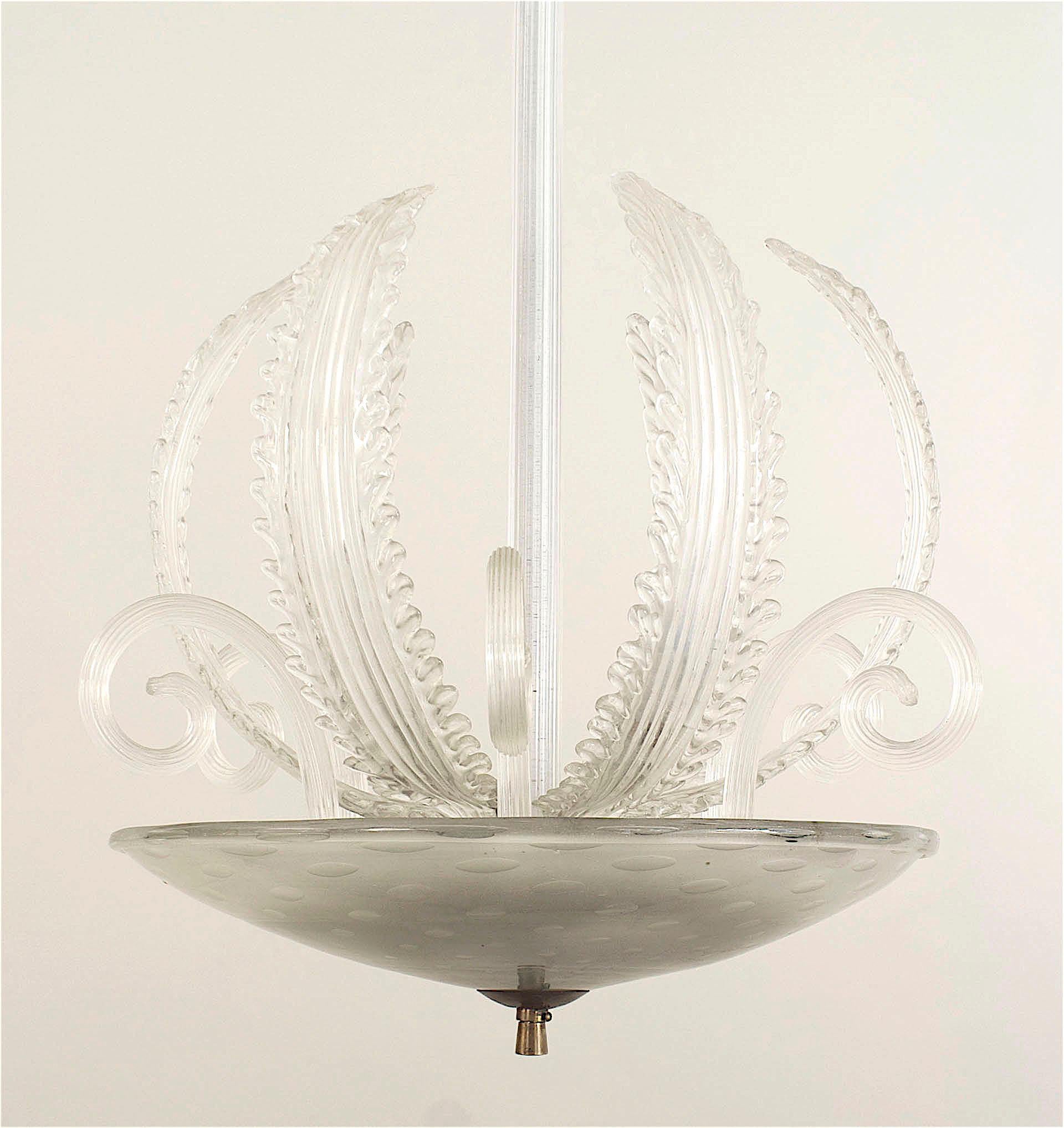 20th Century Barovier et Toso Italian Murano Frosted Glass Bowl and Feather Chandelier For Sale