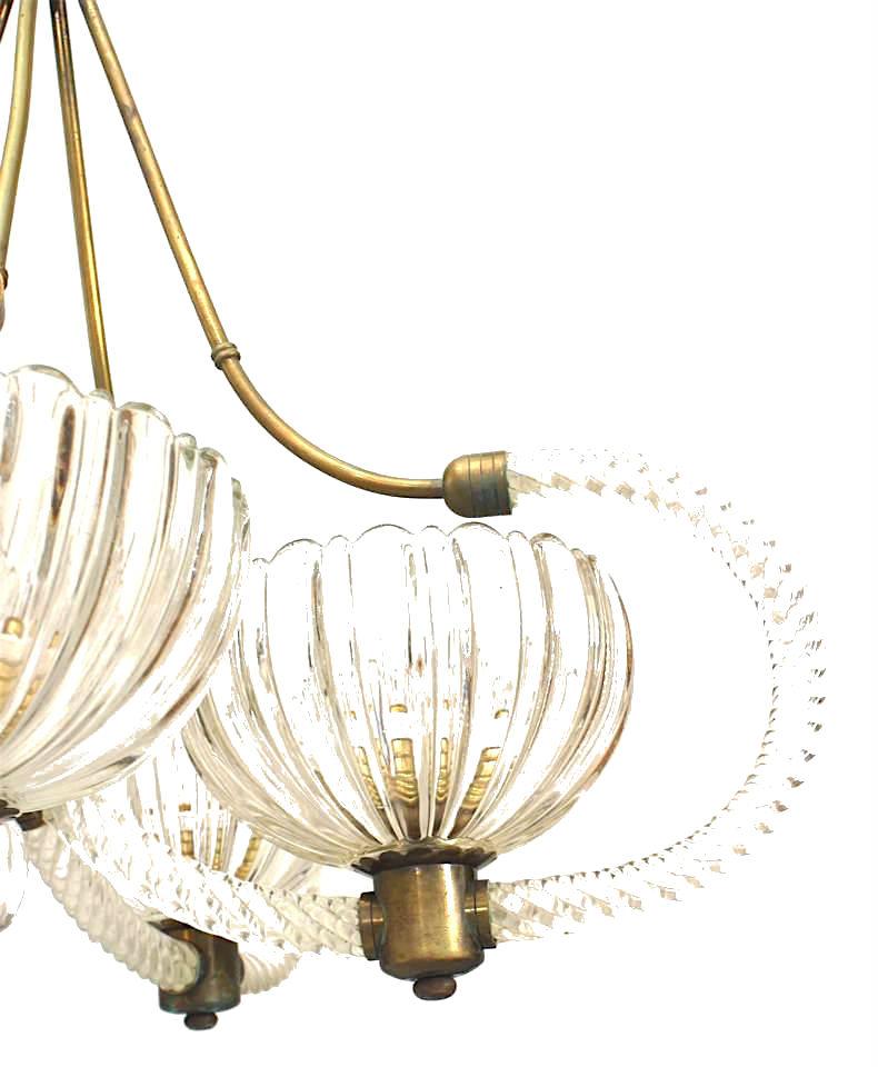 Italian Venetian Murano (1930's) brass and clear glass chandelier with 5 swirl design arms supporting a large fluted and scalloped bowl shaped shade (att: BAROVIER E TOSO).