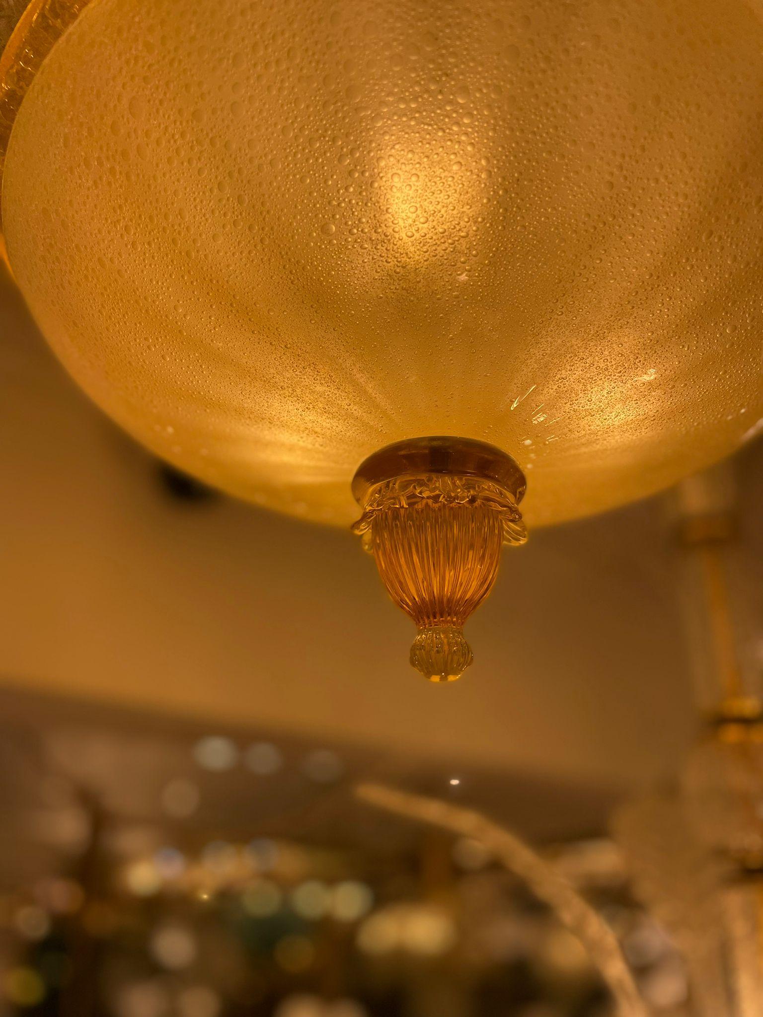 Fantastic and fabulous Barovier and Toso Murano Italy art glass ceiling light. The rare lamp is made of 22 mouth-blown hand-formed leaf-form golden powder glass panels plus a huge glass as a bottom. This beauty has the look of a precious big flower.