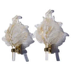 Barovier glass leaf gold sconces , leaf shaped glass sconces brass, Italy 1950