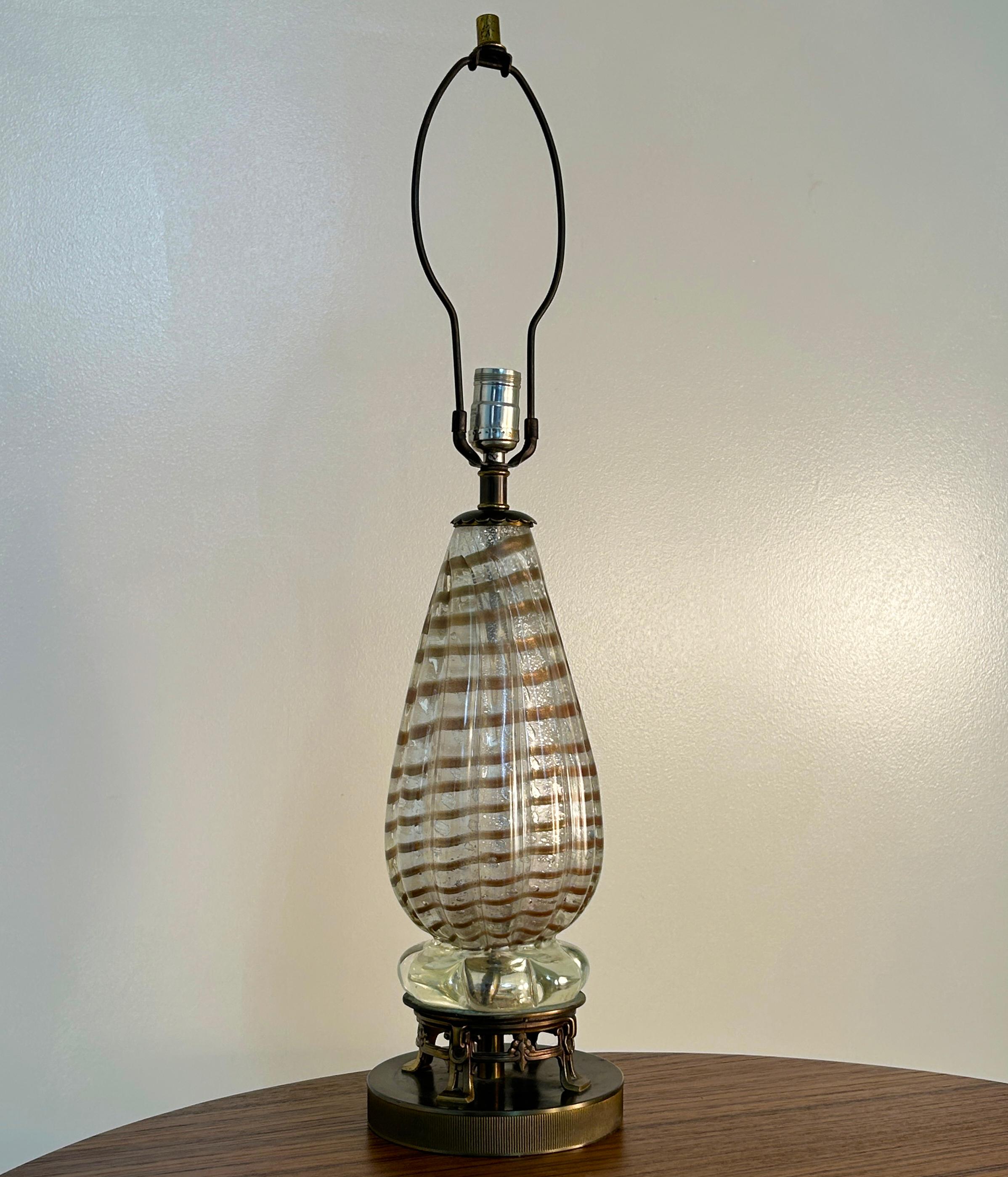 Barovier Lámpara de mesa de cristal de Murano soplado a mano con rayas doradas en venta 2