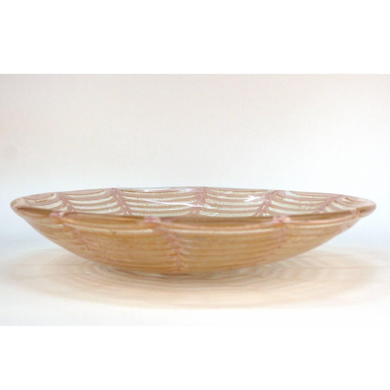 Mid-Century Modern Barovier Graffito Pink and Gold Murano Glass Charger Bowl