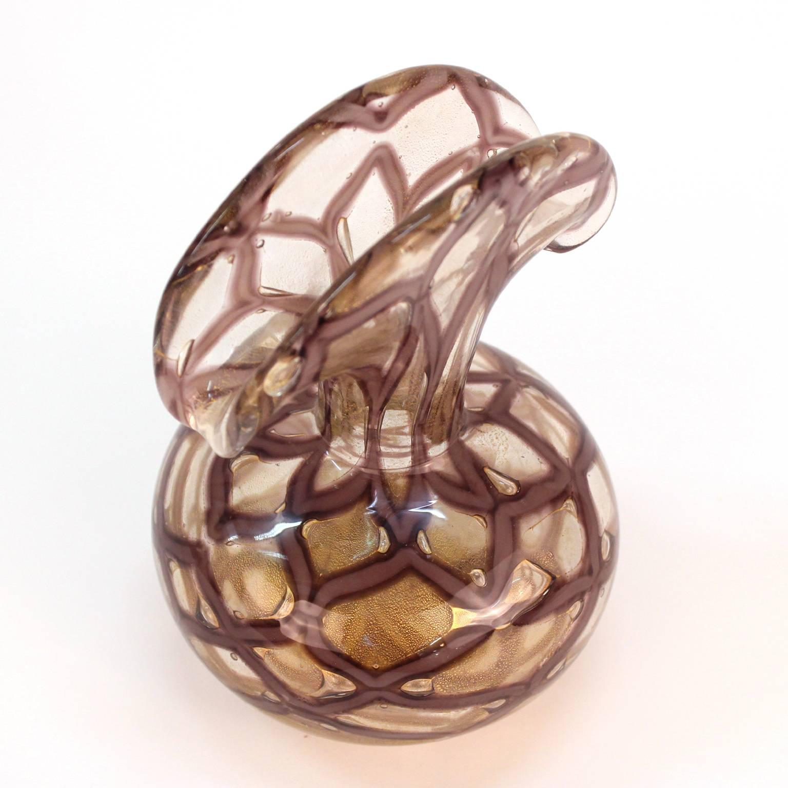 Verre de Murano Barovier Graffito Technique Vase en verre de Murano violet et or 24 carats