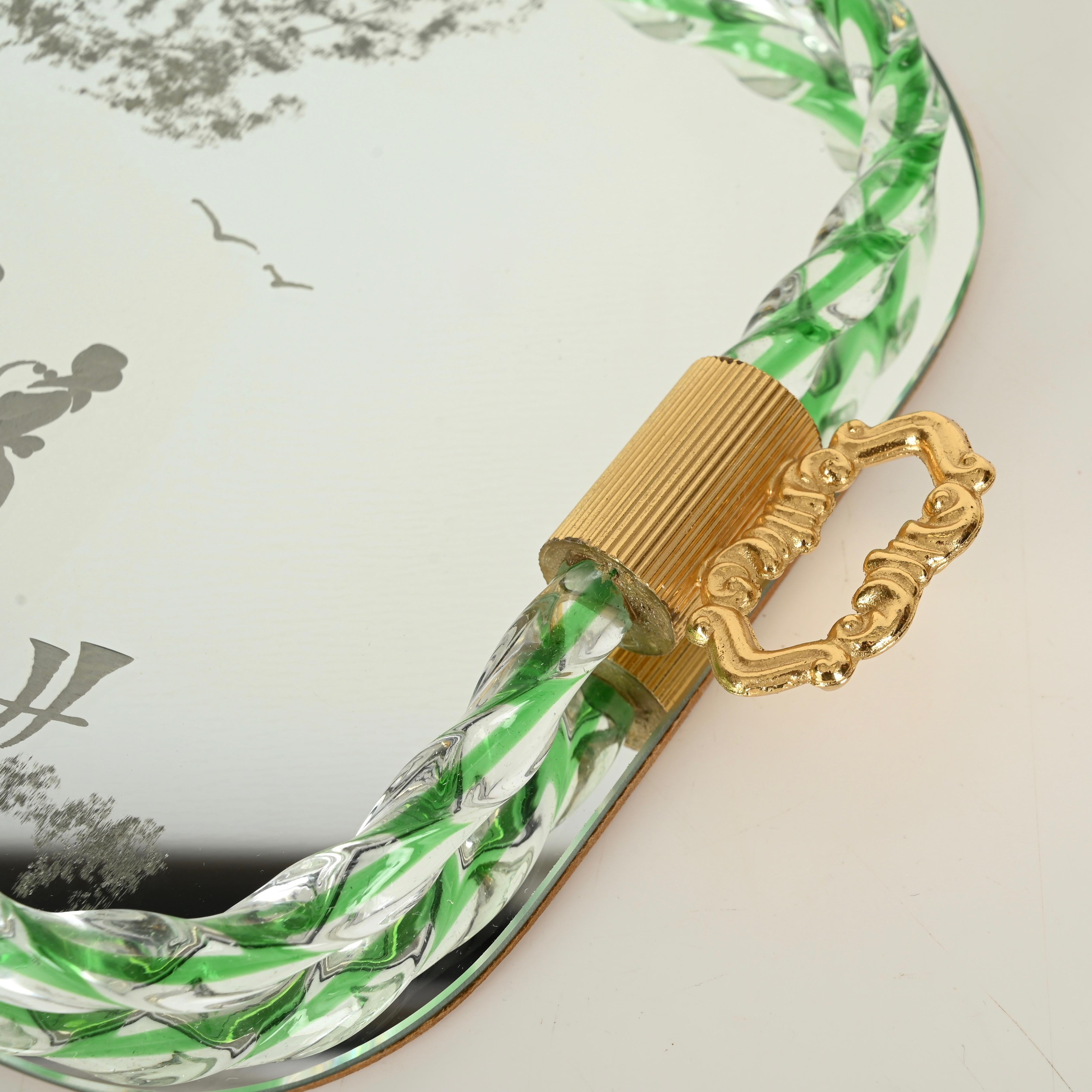 Barovier Grünes italienisches Serviertablett aus spiegelgeätztem Murano-Glas, 1940er Jahre im Angebot 3