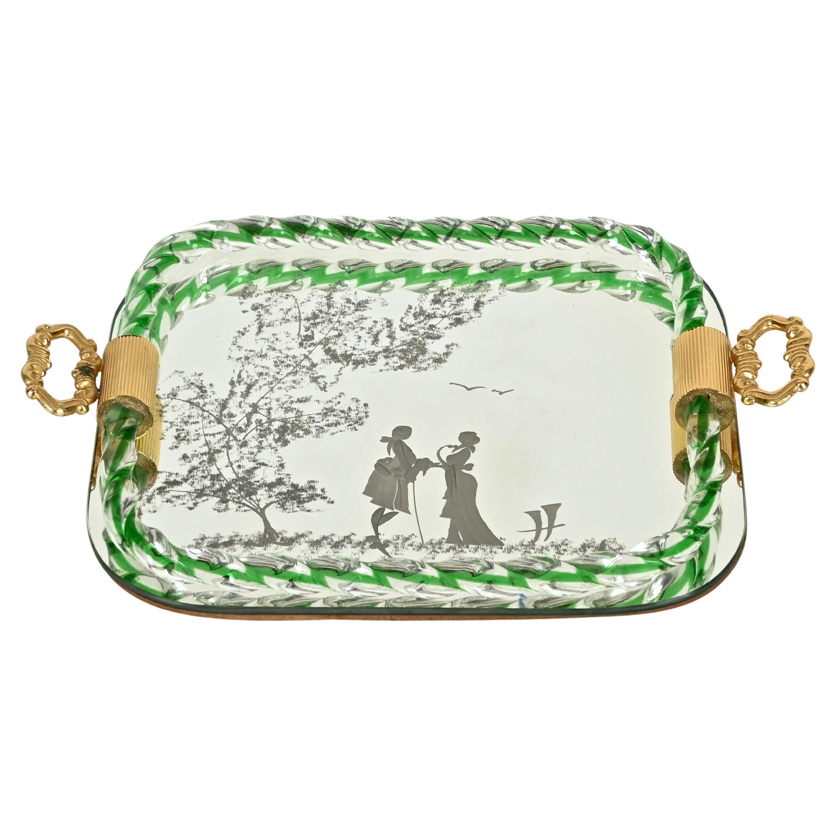 Barovier Grünes italienisches Serviertablett aus spiegelgeätztem Murano-Glas, 1940er Jahre im Angebot