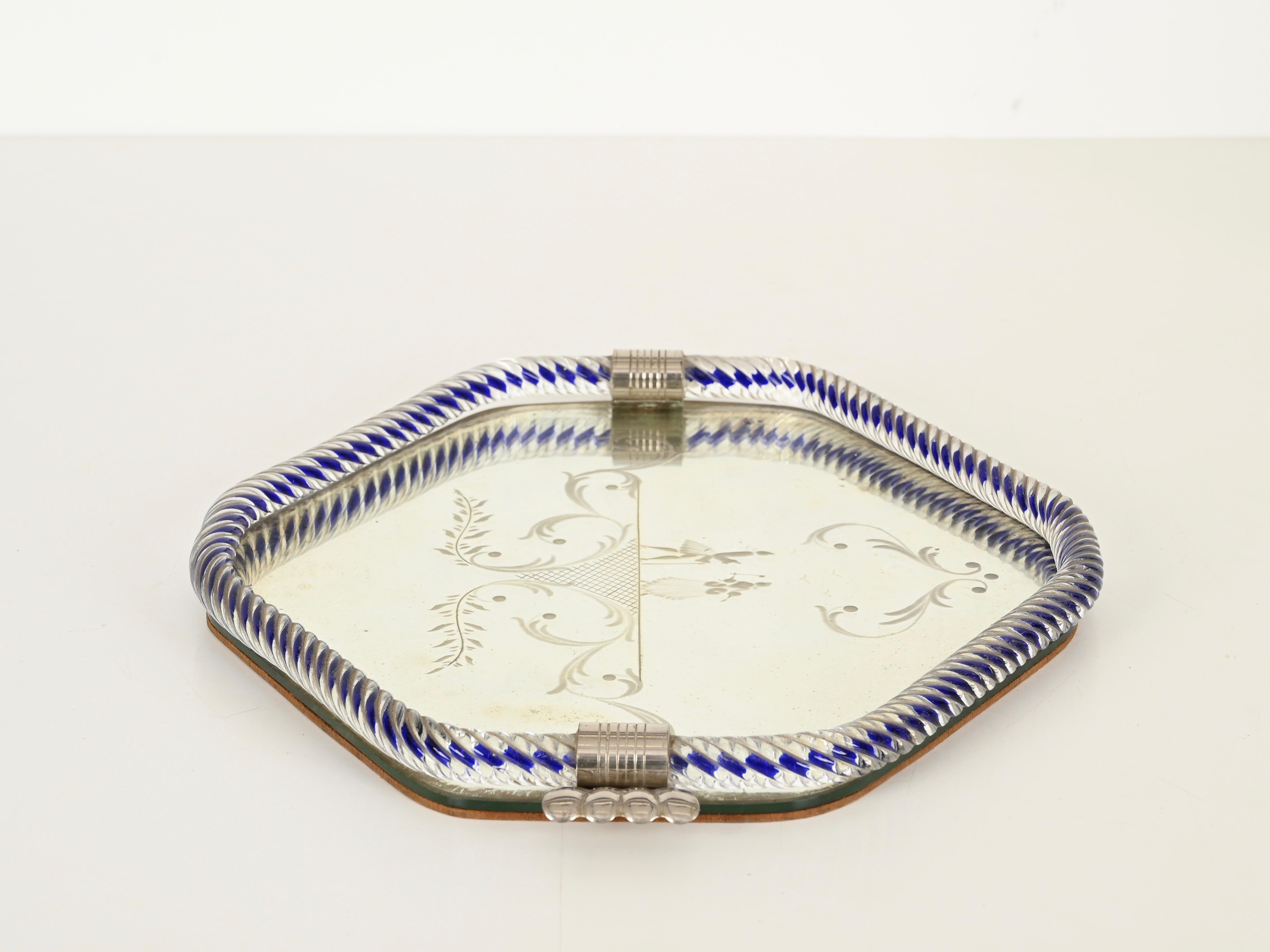 Barovier Hexagonal Serving Tray Blue Murano Glass Mirror-Engraved, Italy 1940s For Sale 3
