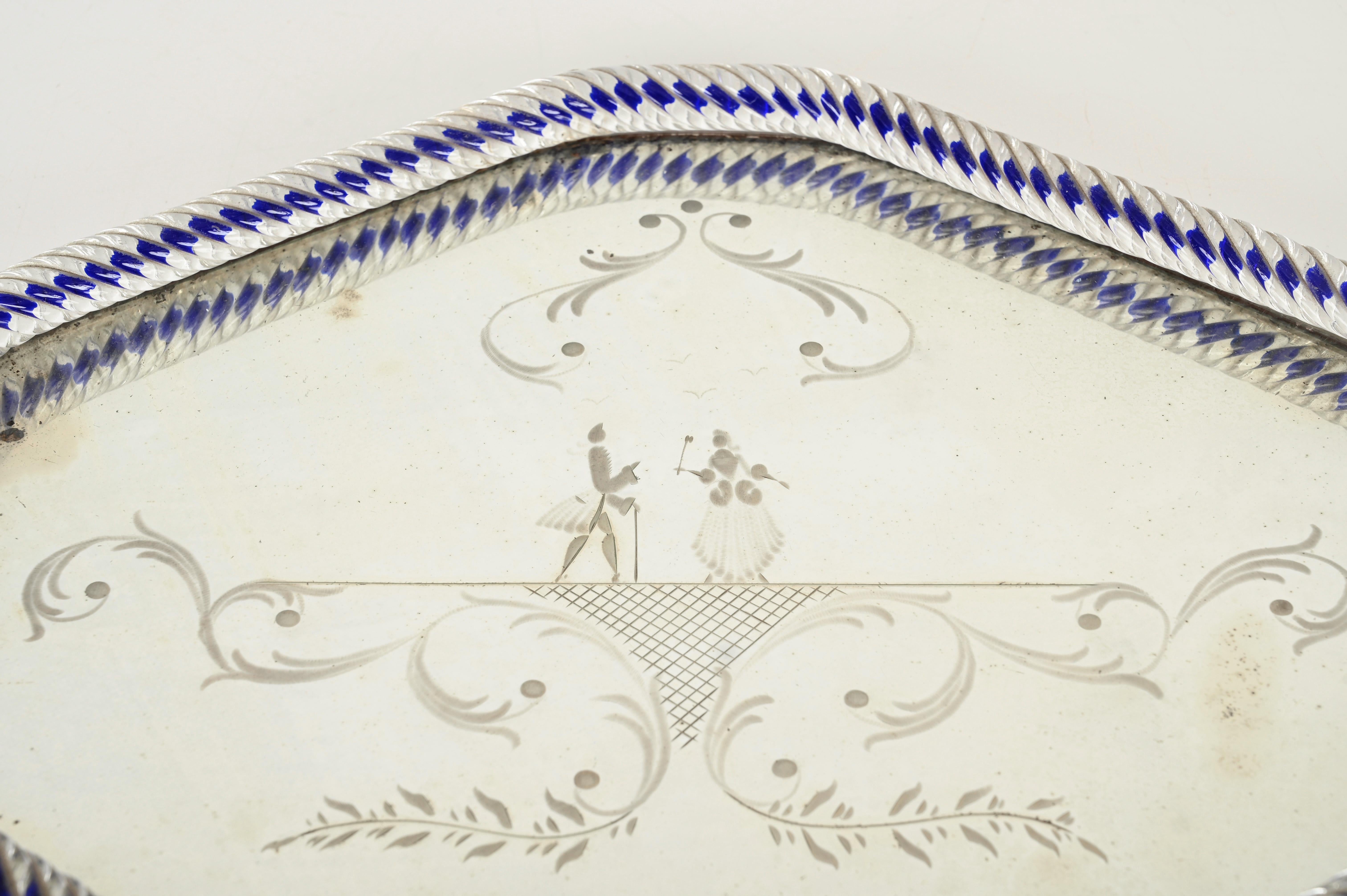 Barovier Hexagonal Serving Tray Blue Murano Glass Mirror-Engraved, Italy 1940s For Sale 4