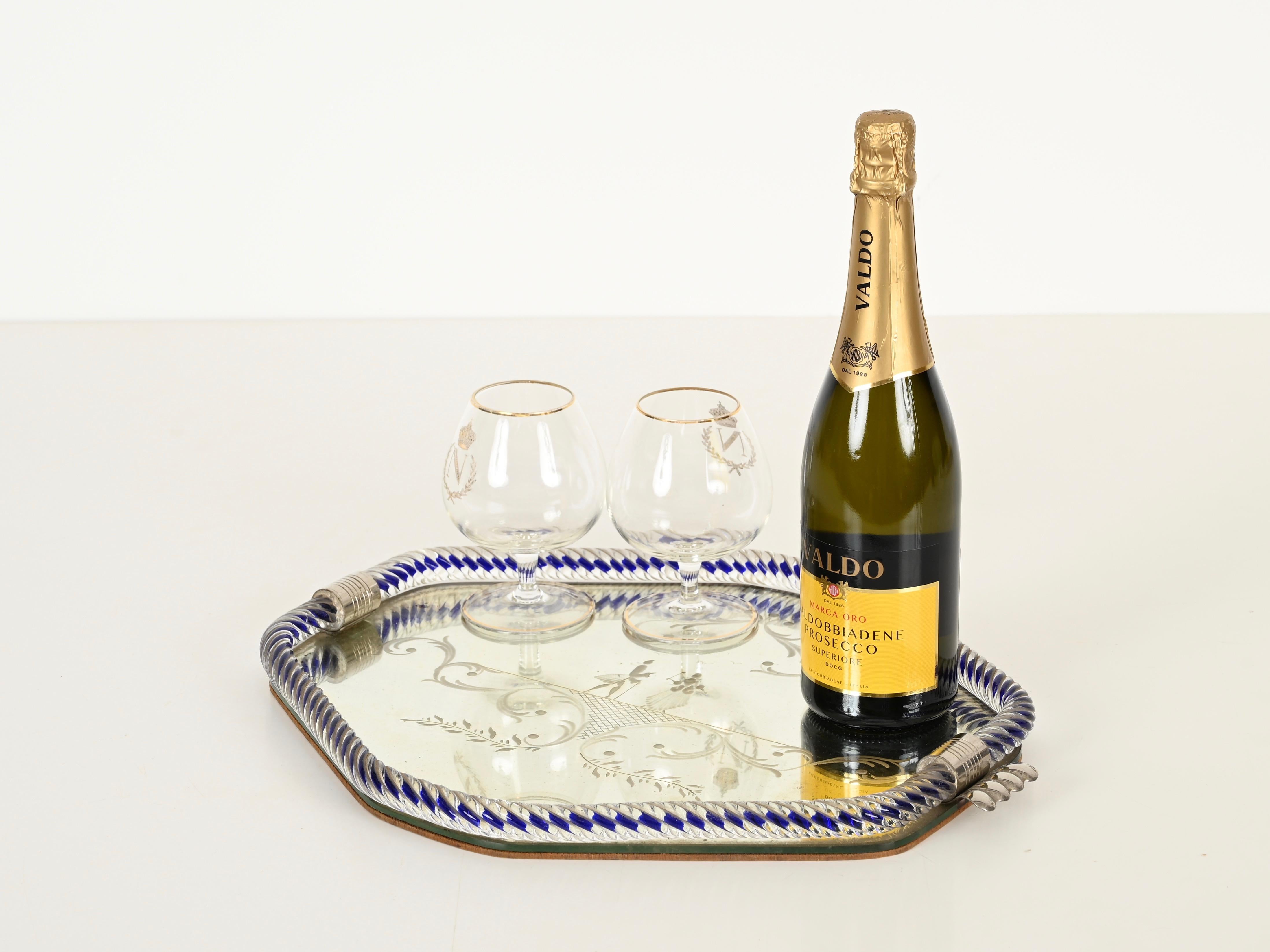 Italian Barovier Hexagonal Serving Tray Blue Murano Glass Mirror-Engraved, Italy 1940s For Sale