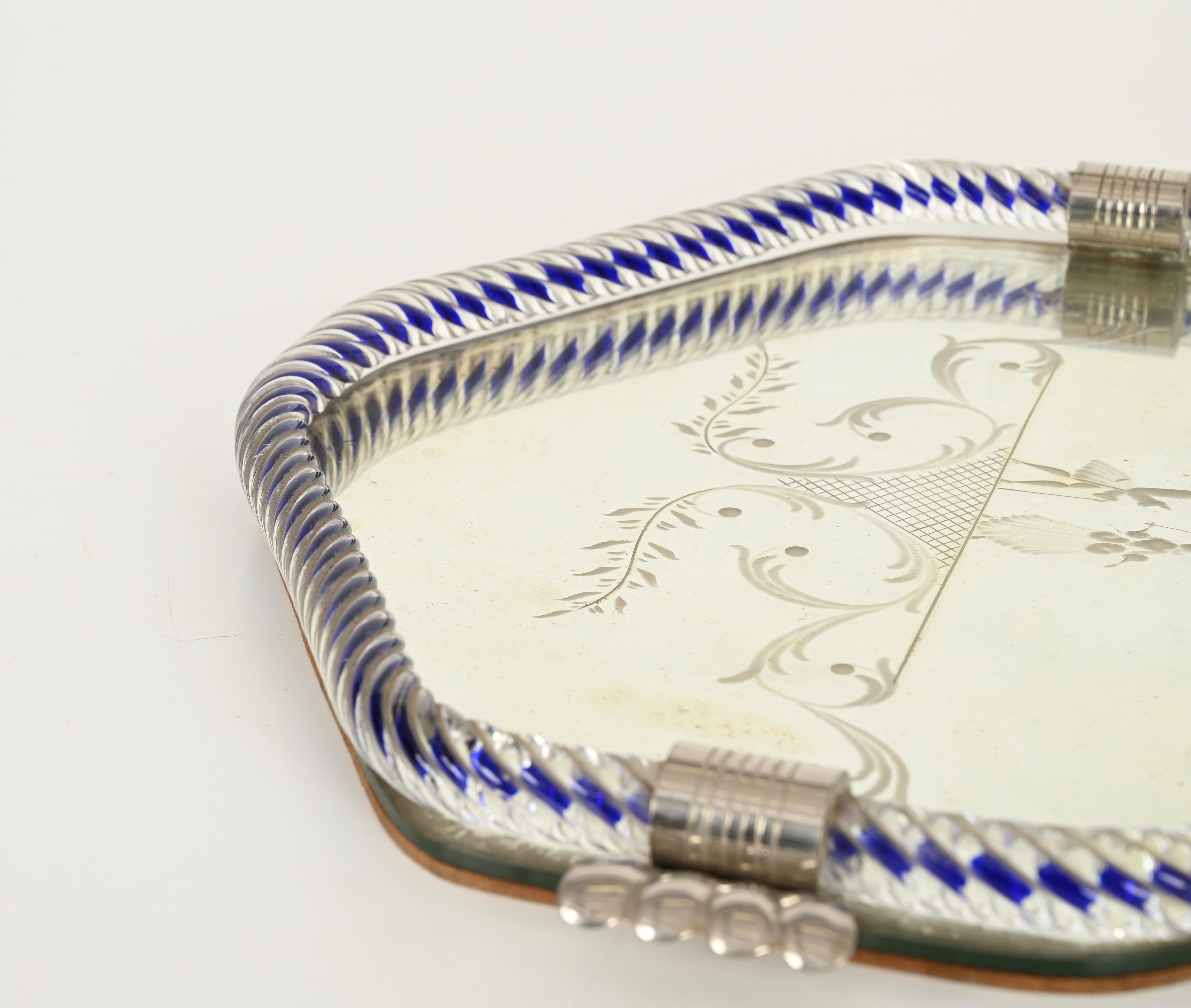 Hand-Crafted Barovier Hexagonal Serving Tray Blue Murano Glass Mirror-Engraved, Italy 1940s For Sale