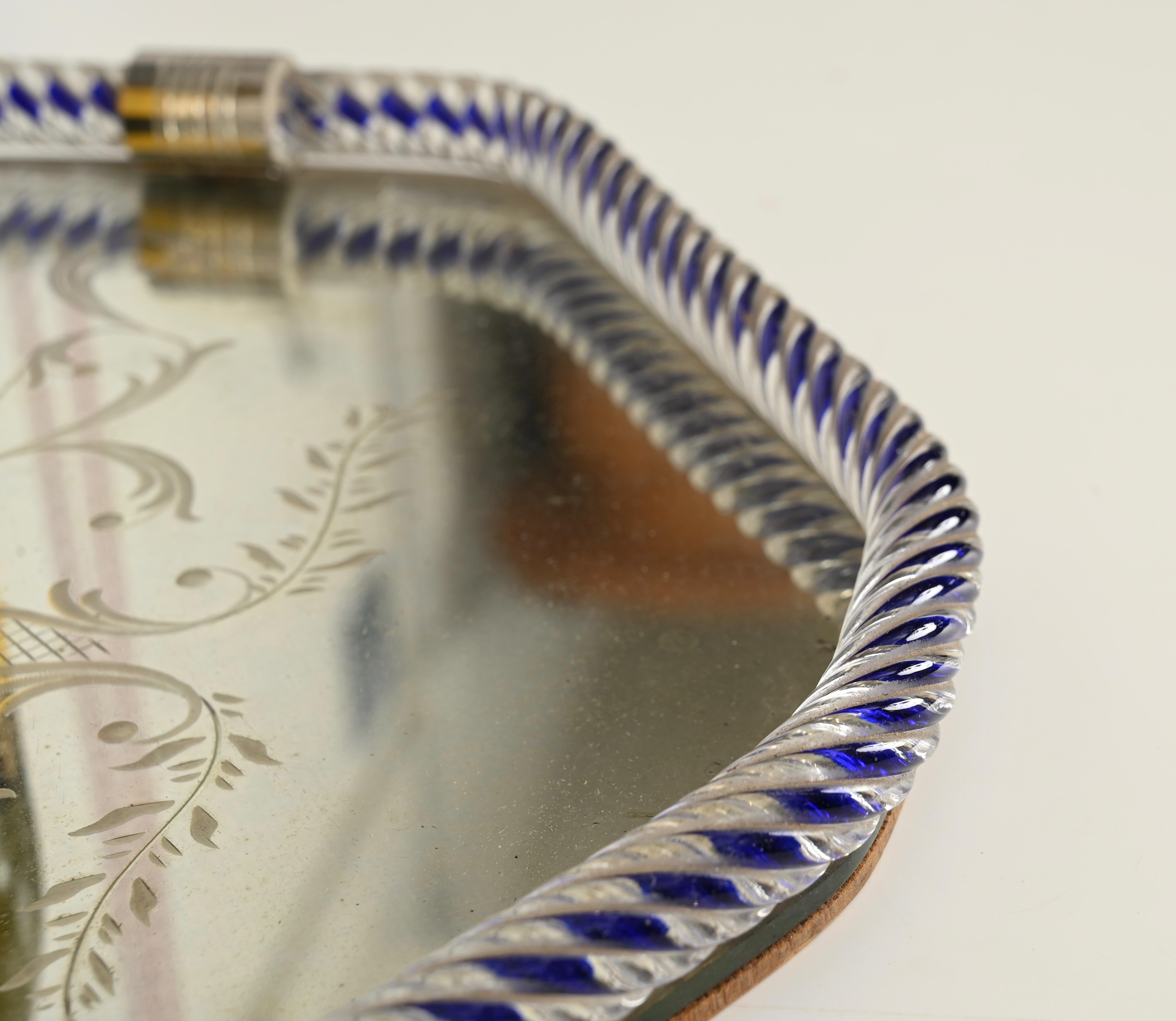 Barovier Hexagonal Serving Tray Blue Murano Glass Mirror-Engraved, Italy 1940s In Good Condition For Sale In Roma, IT