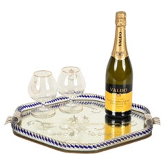Barovier Hexagonal Serving Tray Blue Murano Glass Mirror-Engraved, Italy 1940s