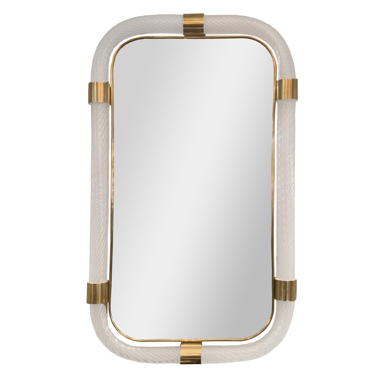 Elegant Murano twisted glass rectangular mirror with radial corners and brackets in polished brass. Inspired by the artistry of Angelo Barovier. Italy, 2022.