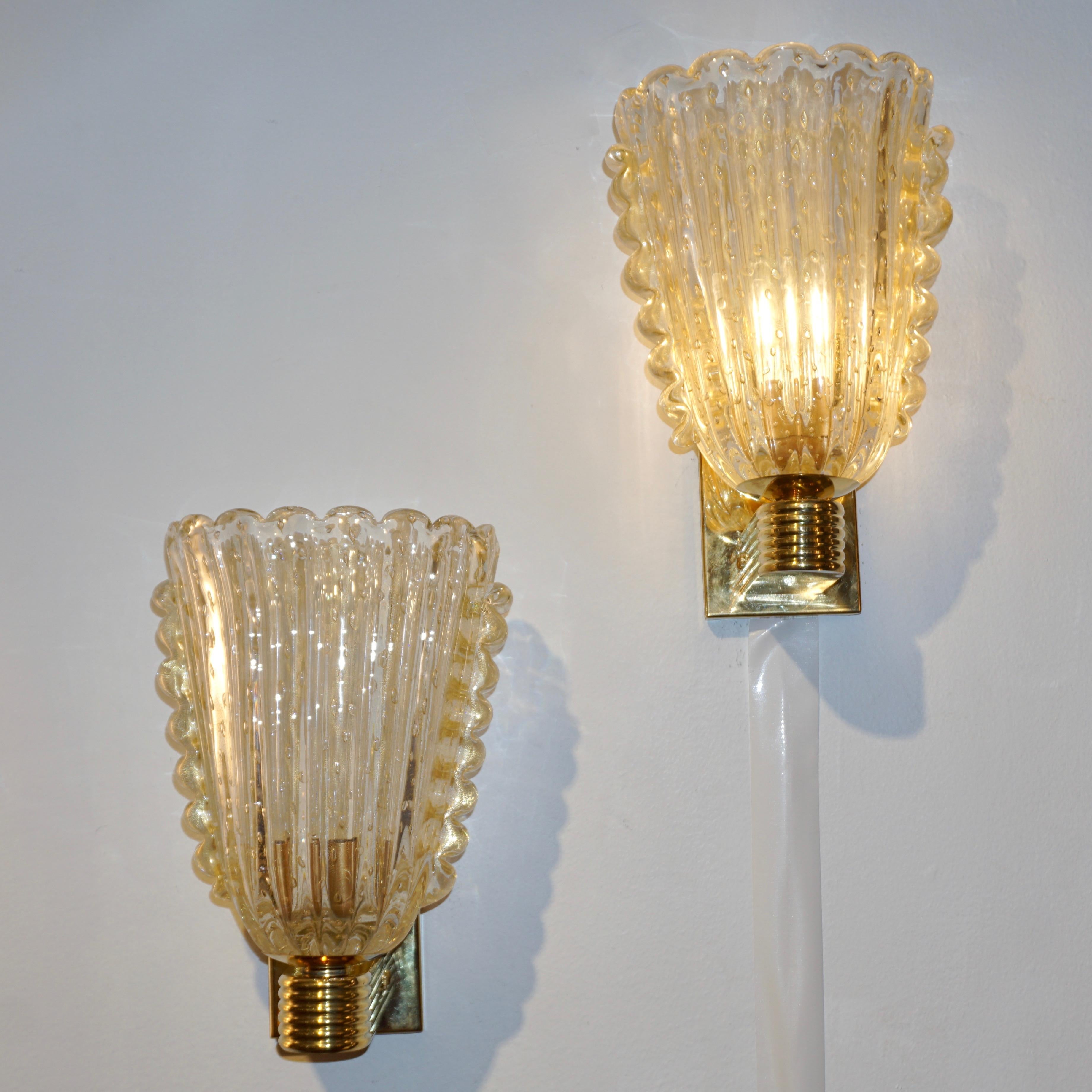 Contemporary Italian Art Deco Design Crystal Gold Leaf Murano Glass Bowl Sconces For Sale 6