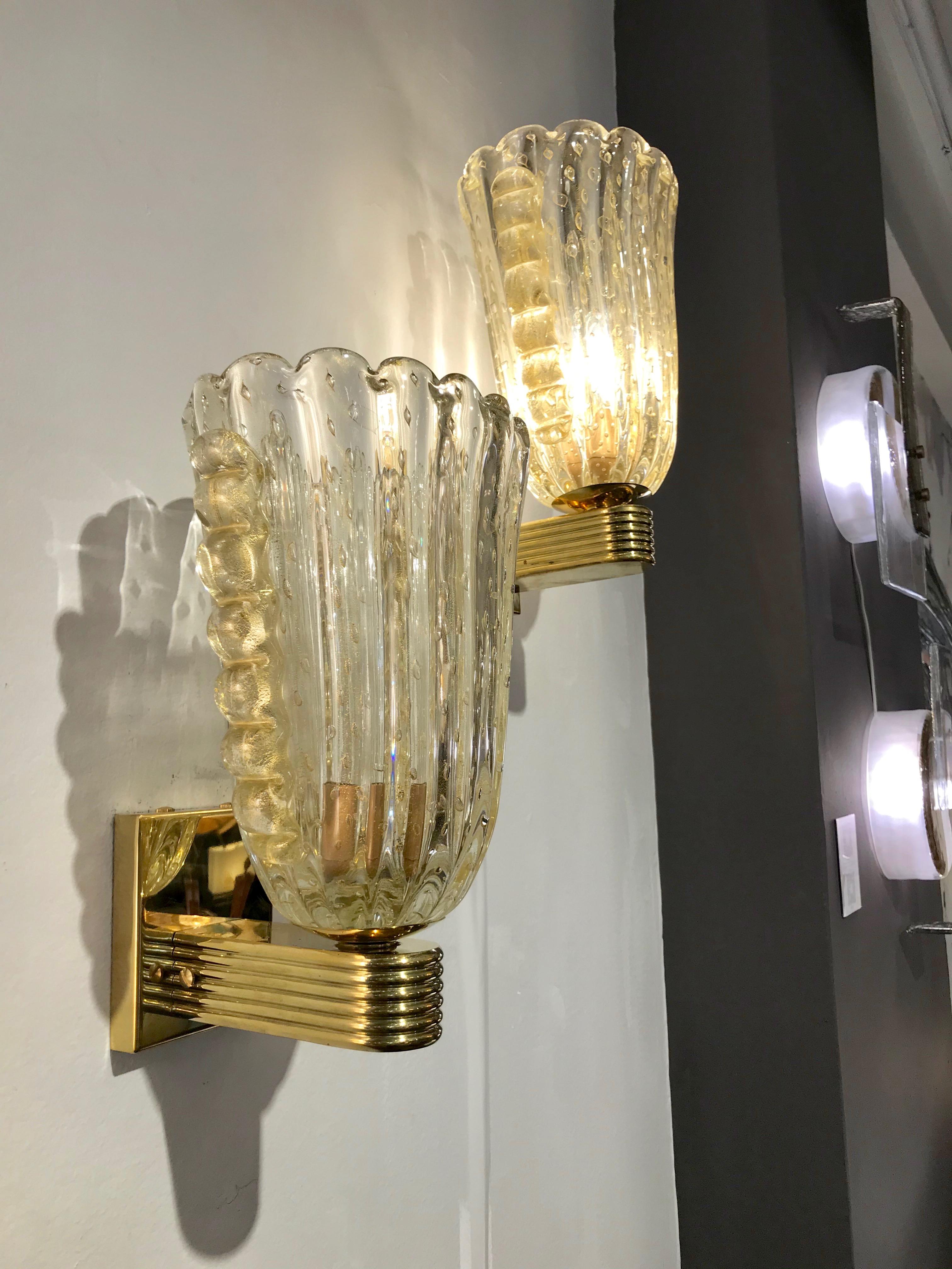 Mid-Century Modern Contemporary Italian Art Deco Design Crystal Gold Leaf Murano Glass Bowl Sconces For Sale