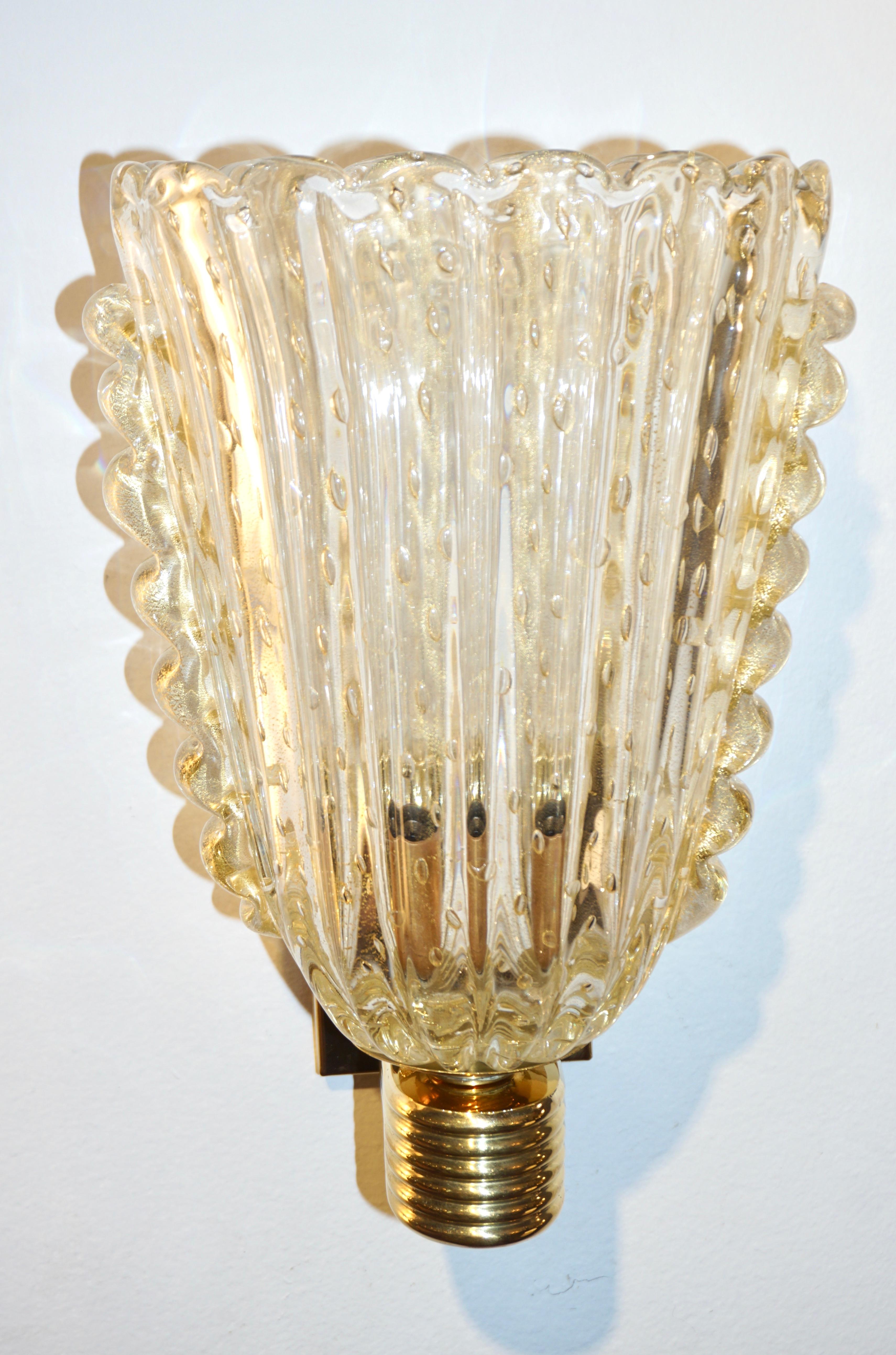 Brass Barovier Italian Art Deco Design Crystal Gold Leaf Murano Glass Bowl Sconces