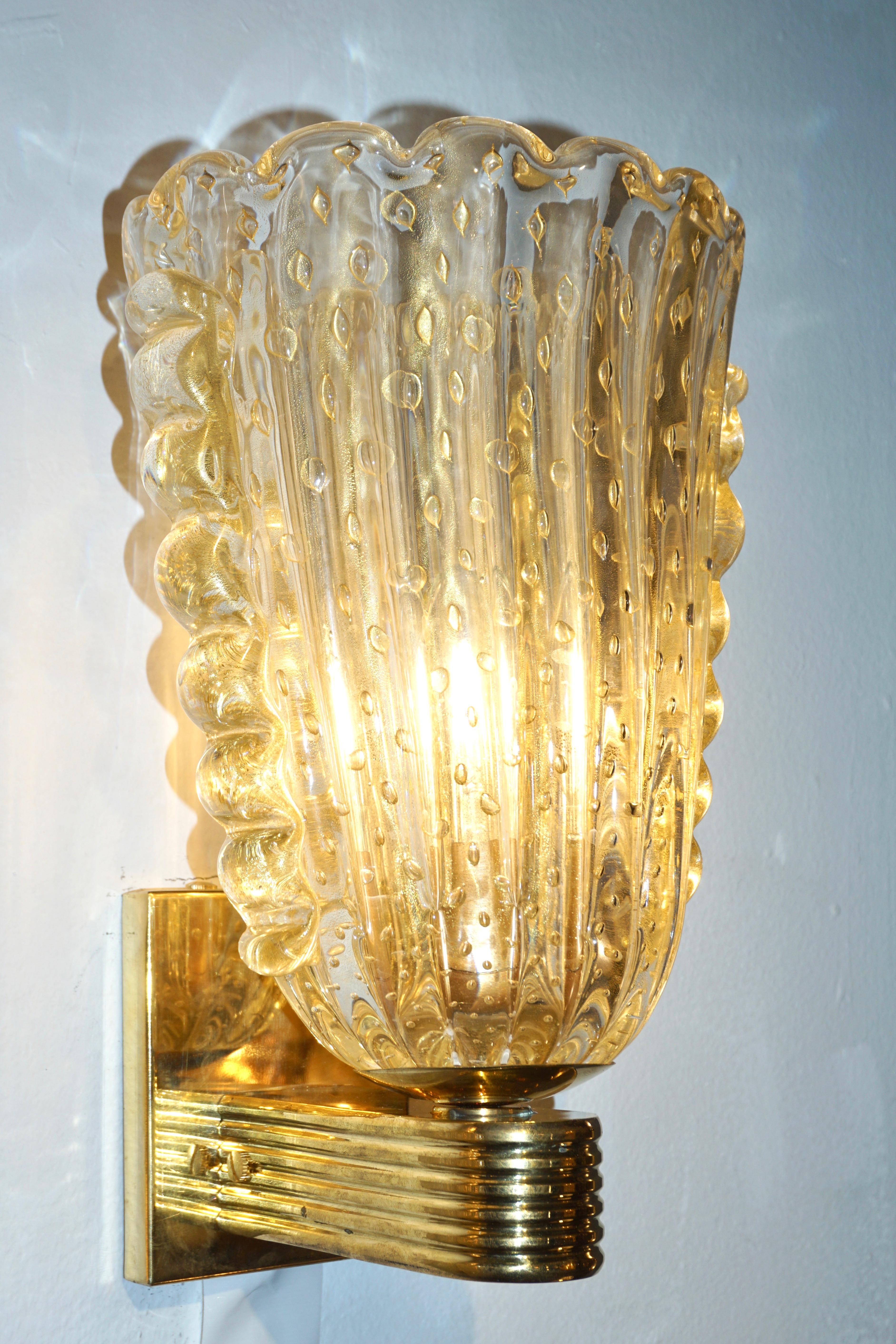Contemporary Italian Art Deco Design Crystal Gold Leaf Murano Glass Bowl Sconces In Excellent Condition For Sale In New York, NY