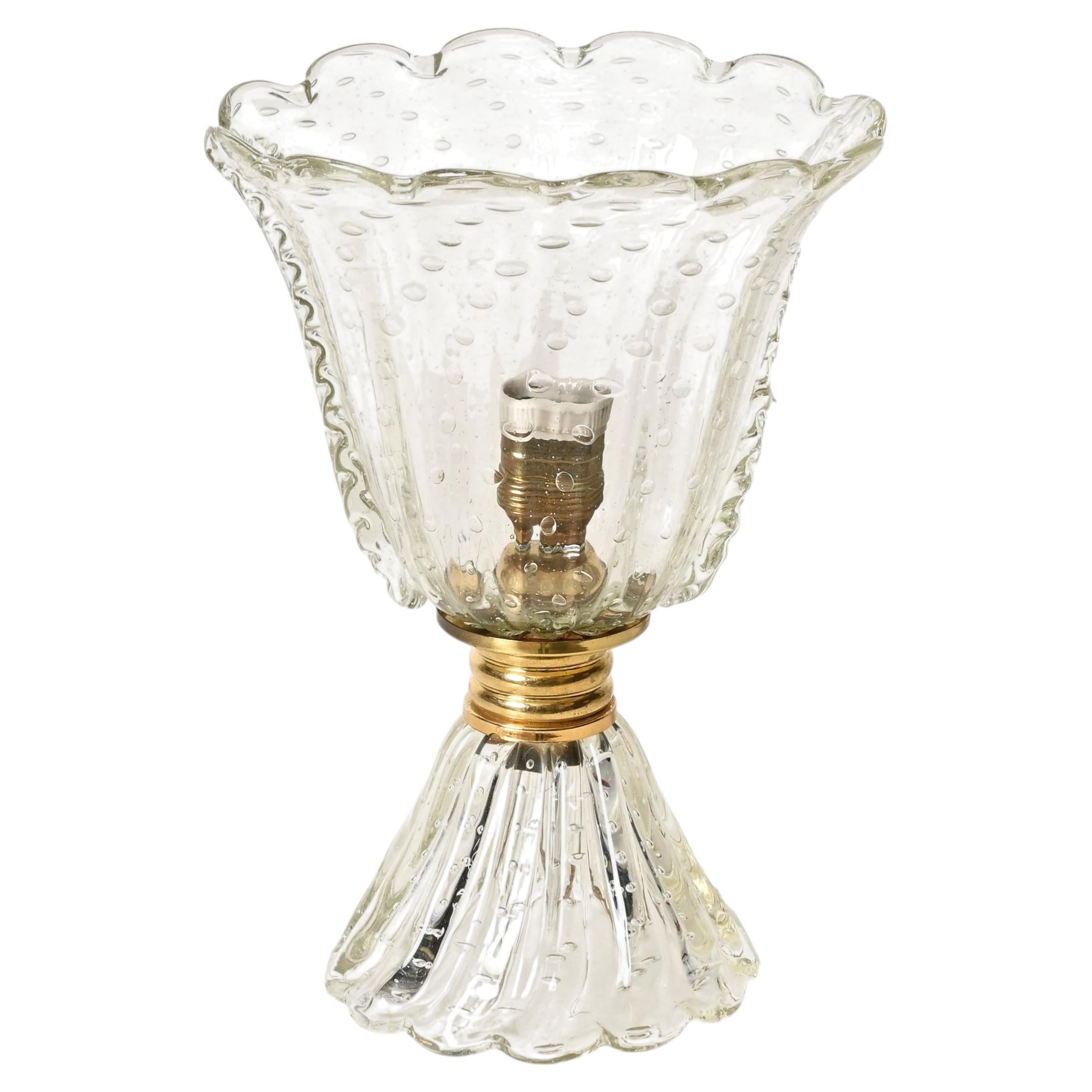 Barovier Large Flower Murano Bullicante Glass and Brass Table Lamp, Italy, 1950s