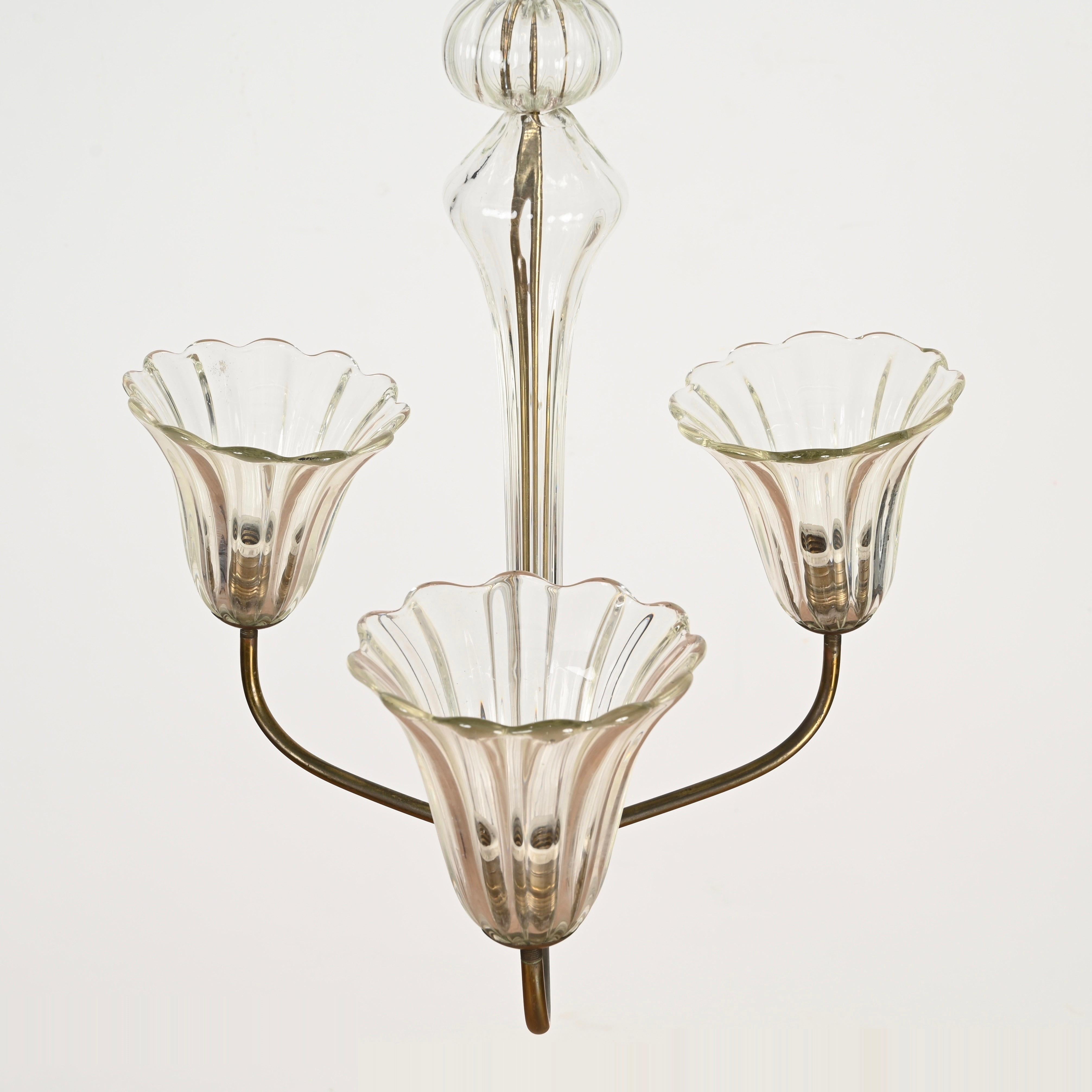 Barovier Gran araña de cristal de Murano y flores de latón, Italia Años 40 en venta 2