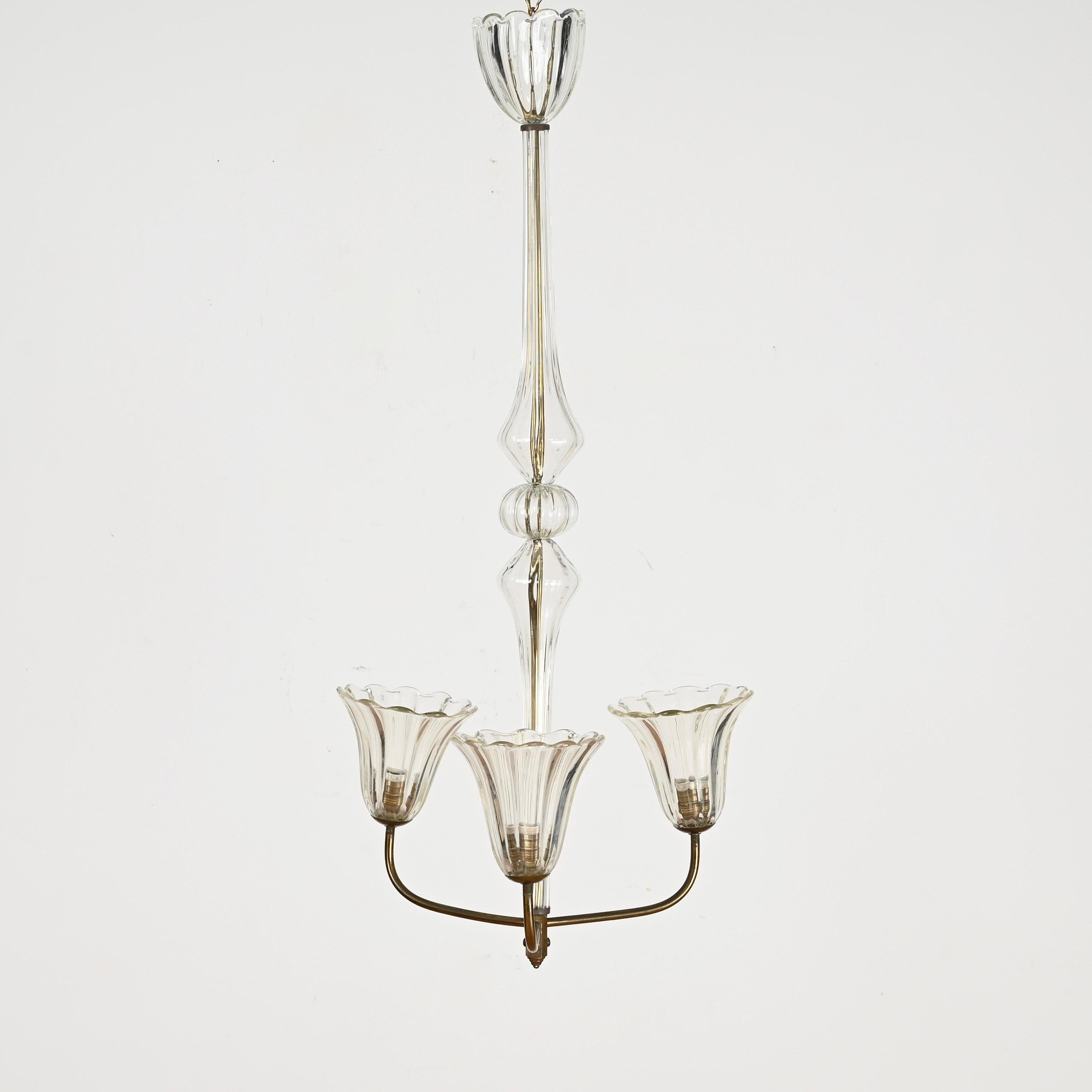 Barovier Gran araña de cristal de Murano y flores de latón, Italia Años 40 Italiano en venta