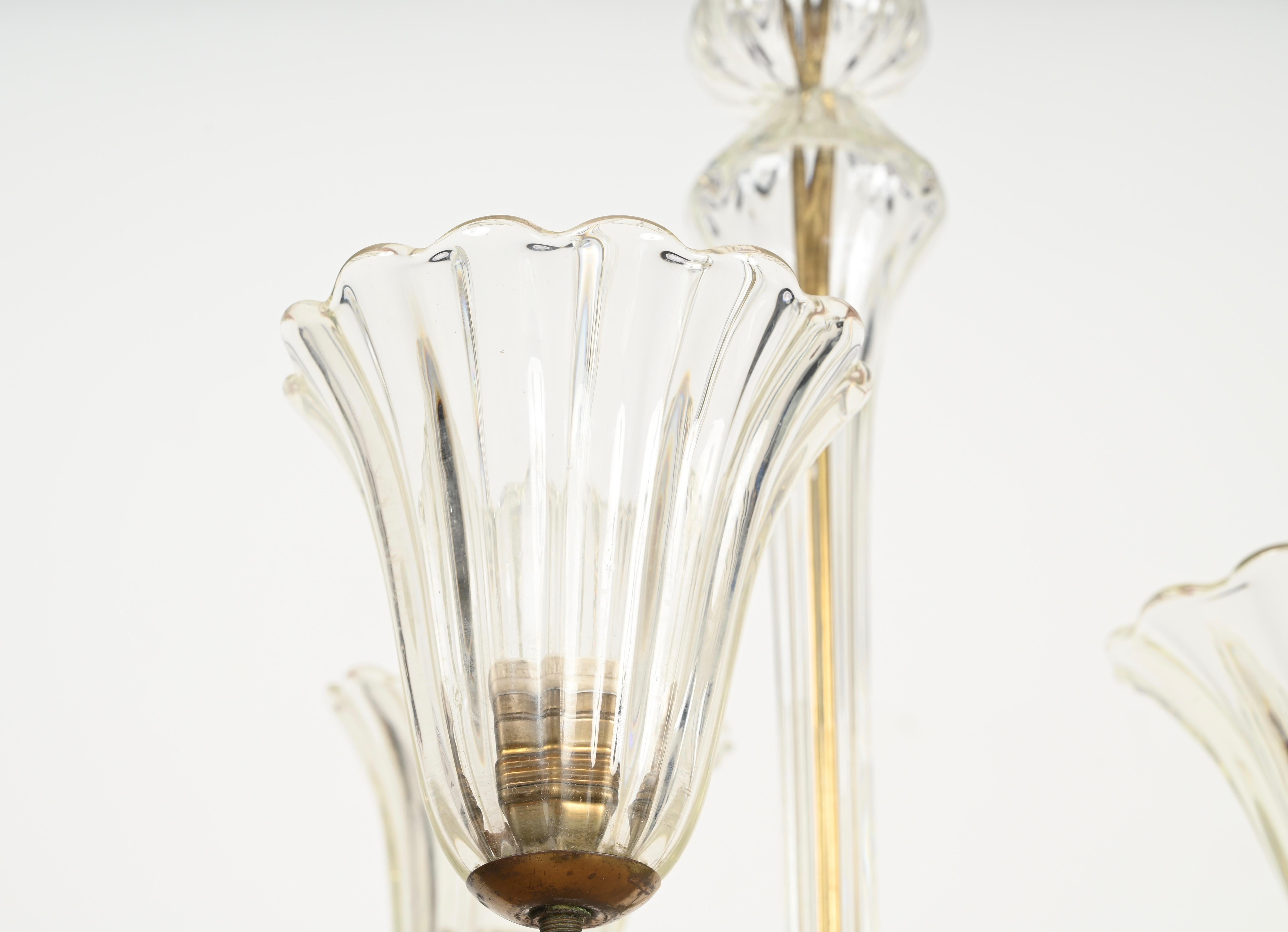 Barovier Gran araña de cristal de Murano y flores de latón, Italia Años 40 en venta 1
