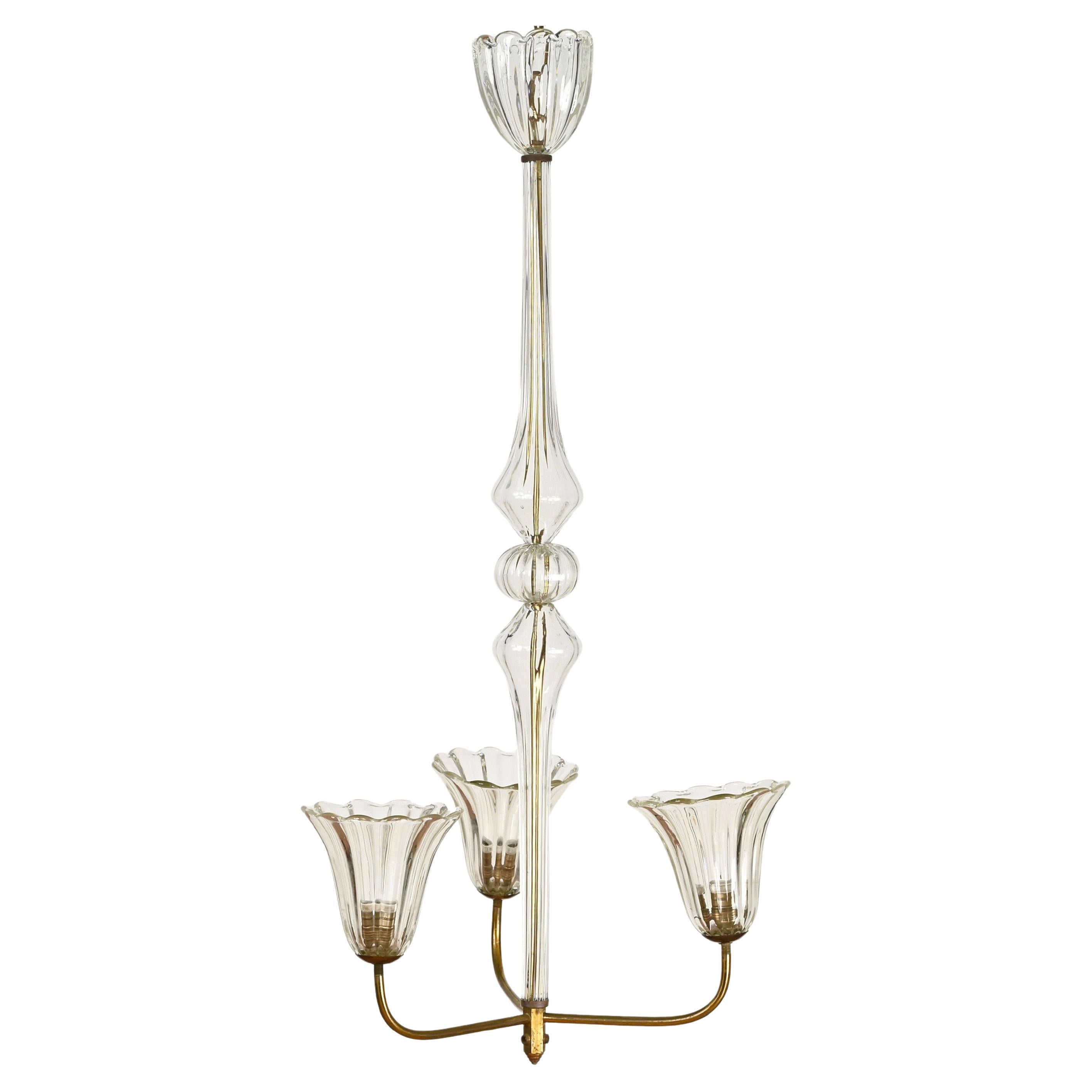 Barovier, grand lustre à fleurs en verre de Murano et laiton, Italie, années 1940