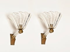 Barovier Großes Paar Blumenampeln aus Murano-Glas und Messing, Italien 1940er Jahre