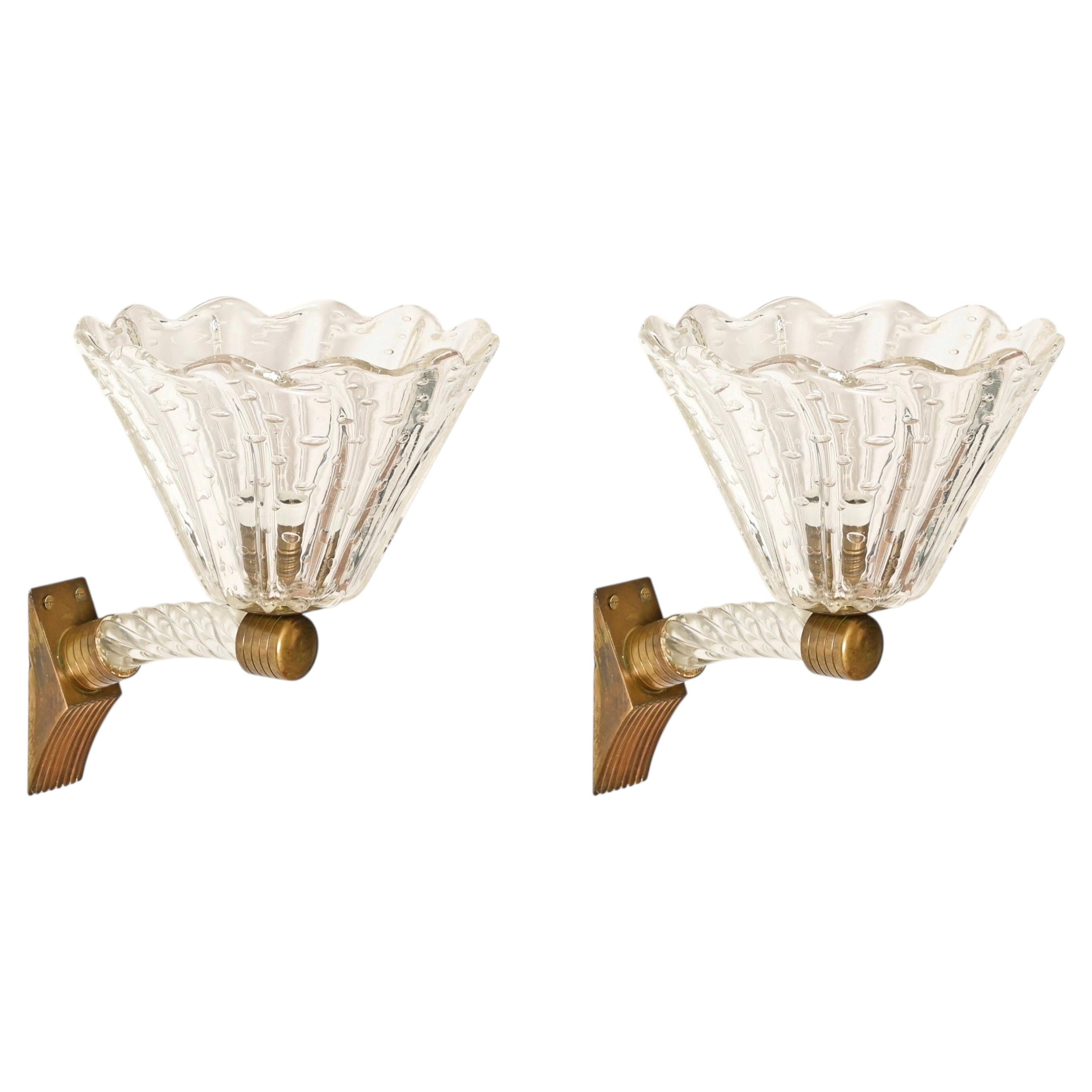 Barovier Large Pair of Murano Glass and Brass Flower Sconces, Italy 1940s