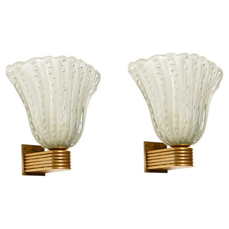 Barovier Large Pair of Murano Glass and Brass Flower Sconces, Italy 1940s