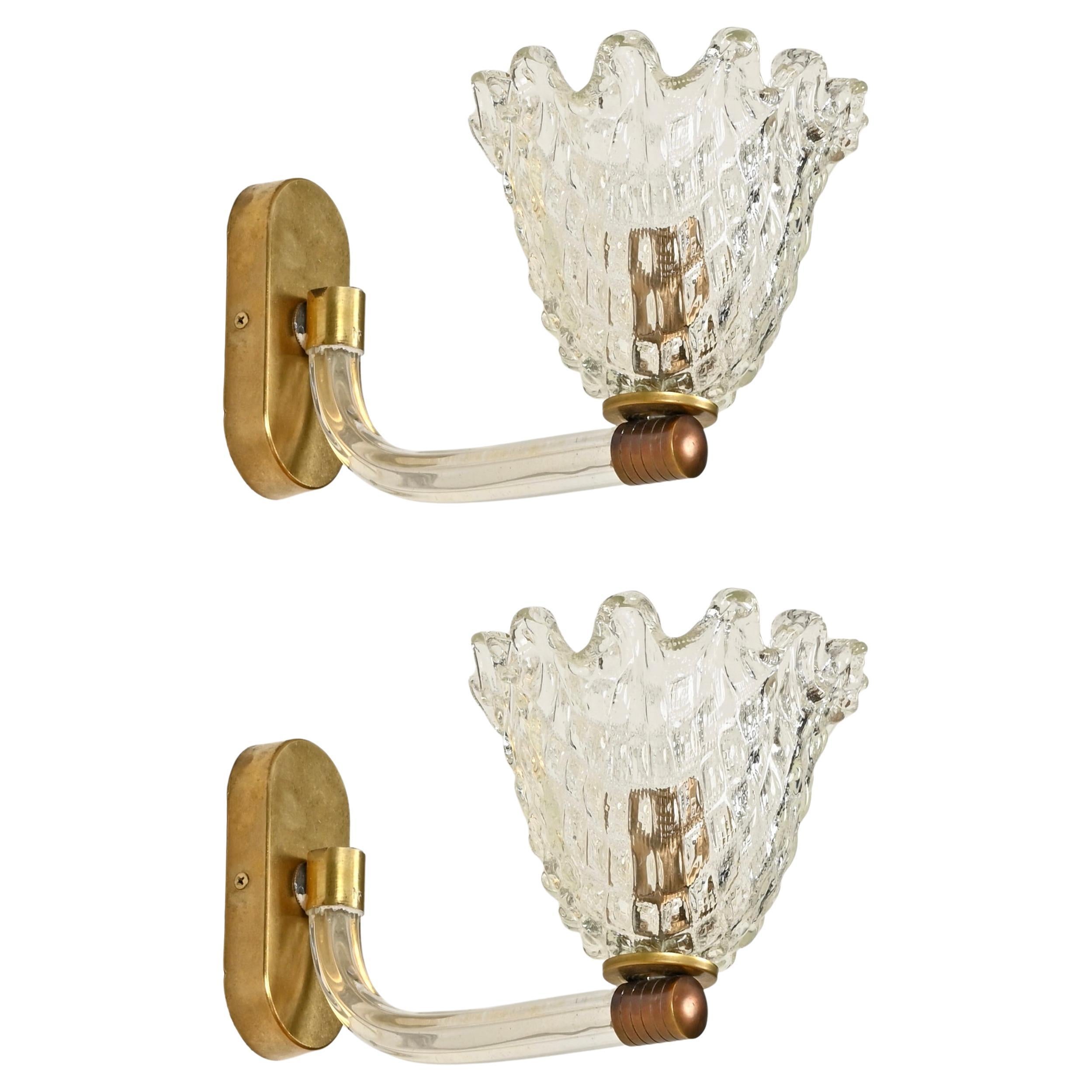 Barovier Grande paire d'appliques à fleurs en verre de Murano et laiton, Italie années 1950