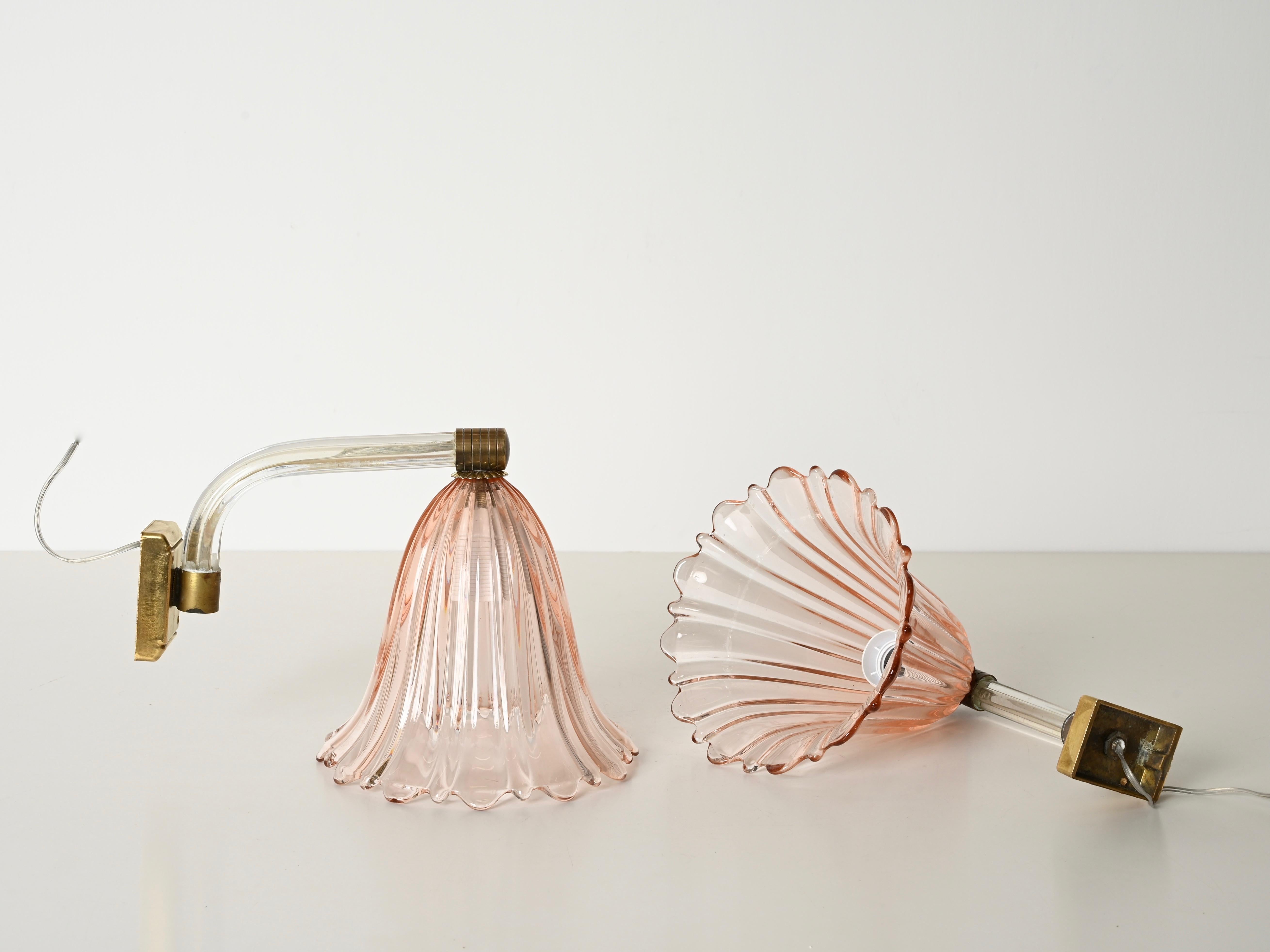 Barovier Large Pink Murano Glass and Brass Flower Sconces, Italy 1940s For Sale 3