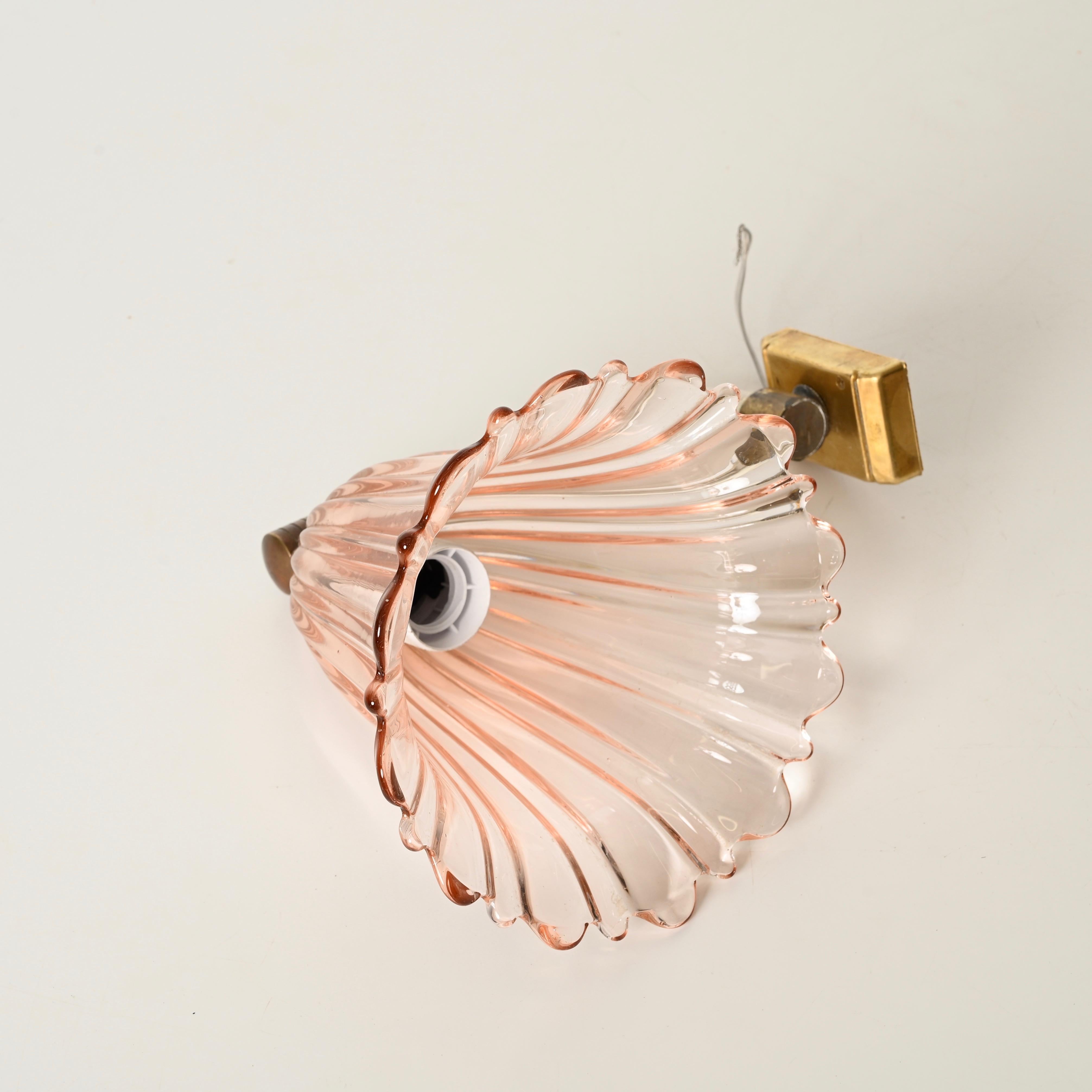 Barovier Large Pink Murano Glass and Brass Flower Sconces, Italy 1940s For Sale 4